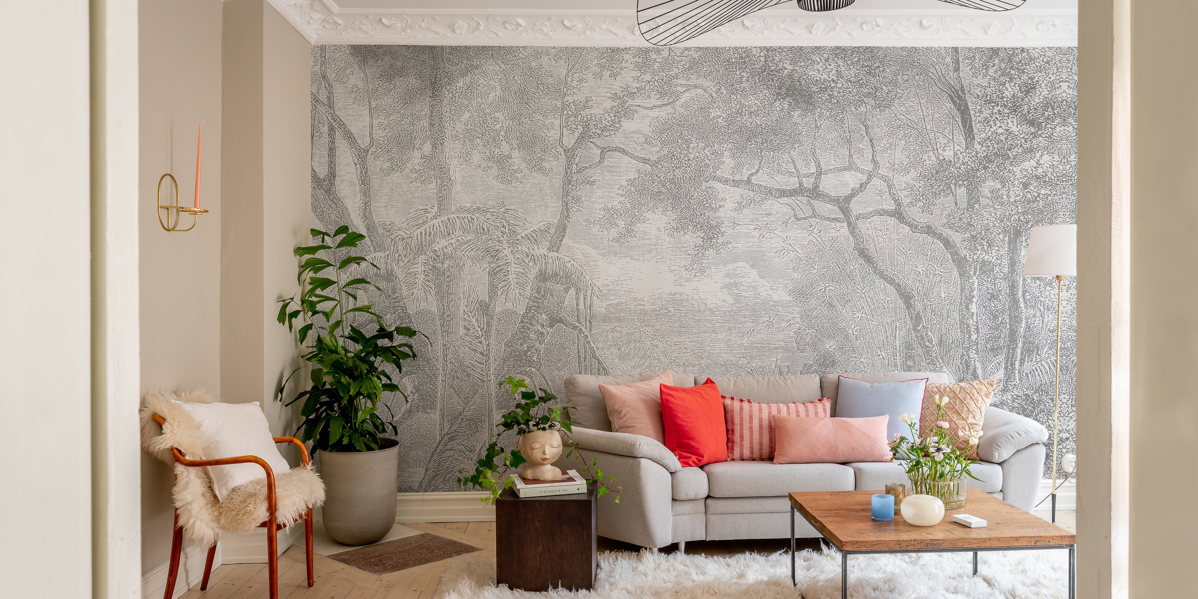 Nature View Sketch Forest Wallpaper in Grey for Rooms