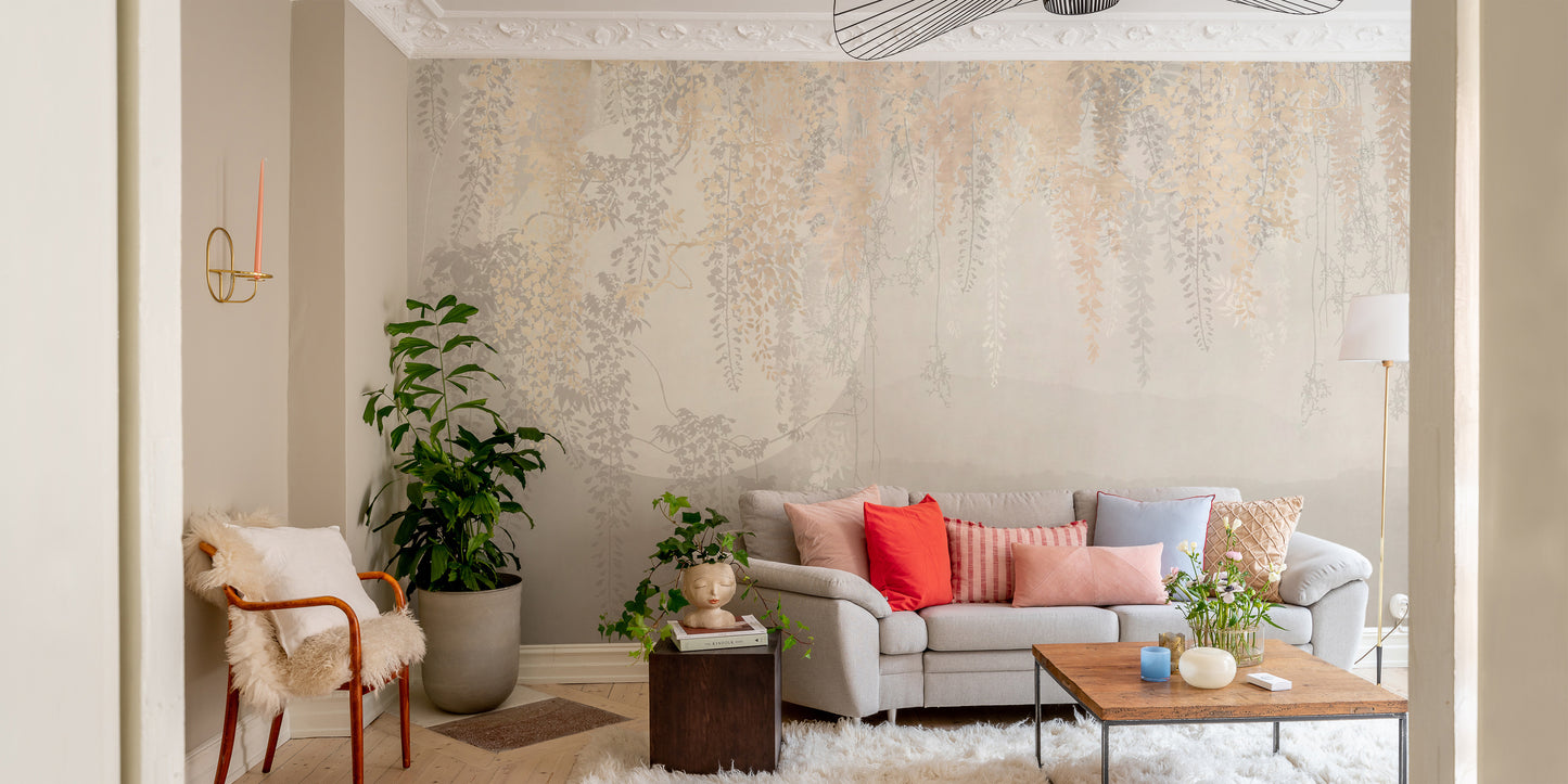 Golden and Grey Hanging Leaves Wallpaper Murals