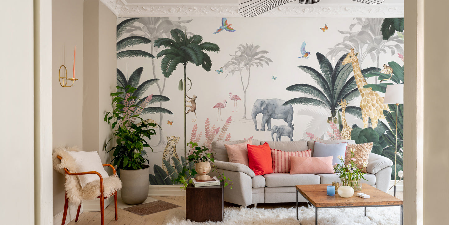 Playful safari animals kids mural