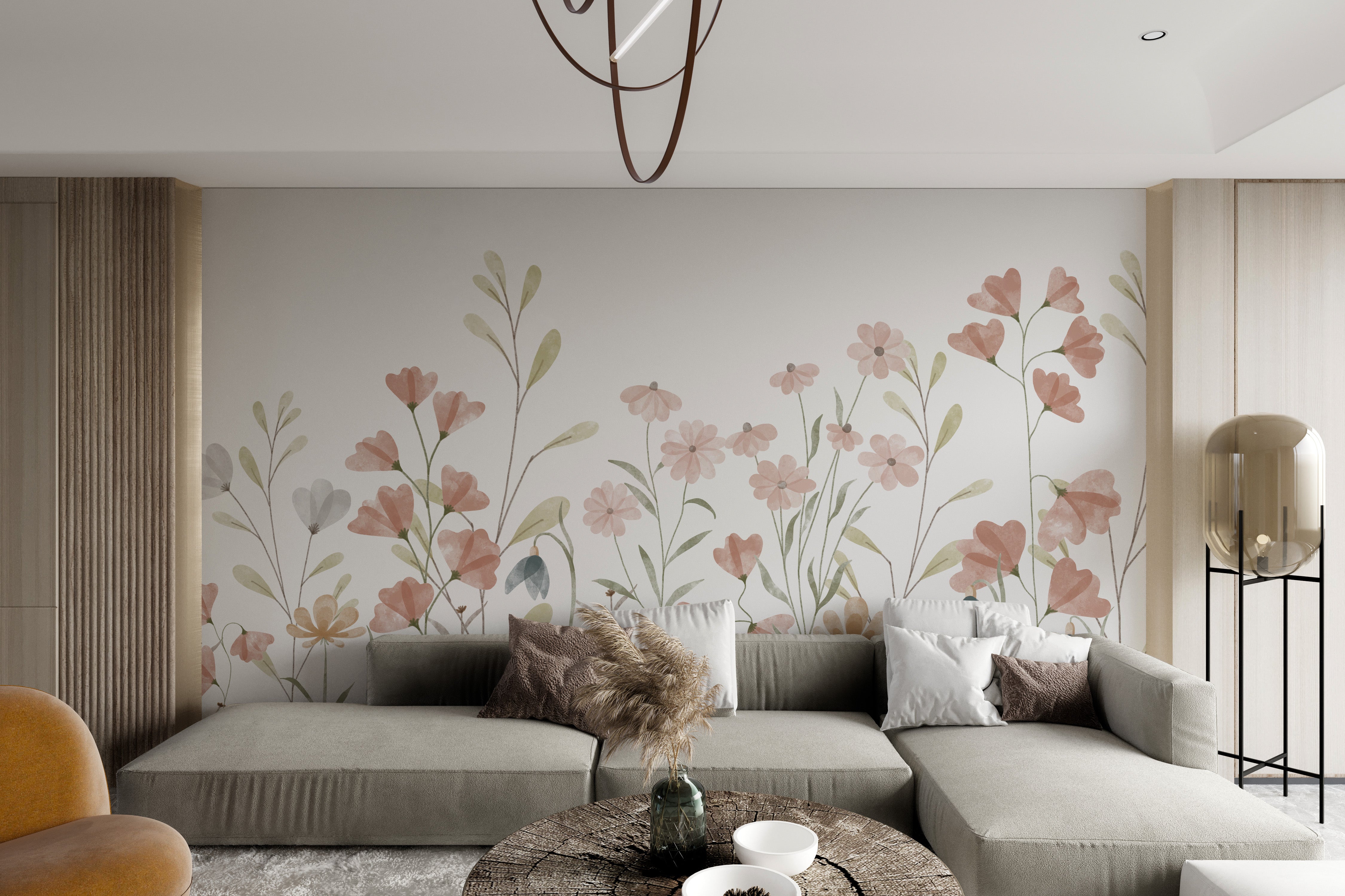 Watercolor floral wallpaper mural with pastel flowers
