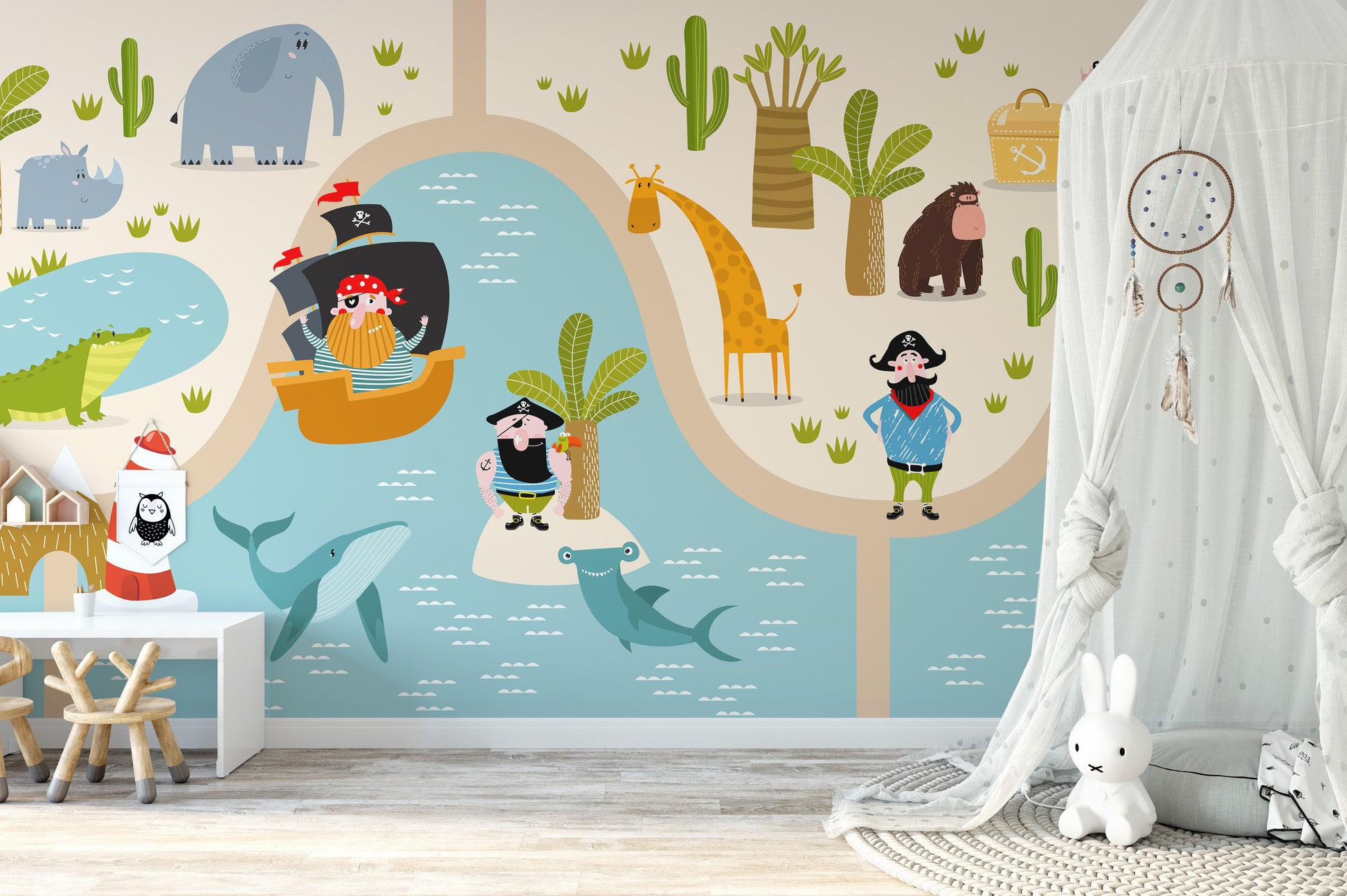 Pirate animal mural for kids’ walls



