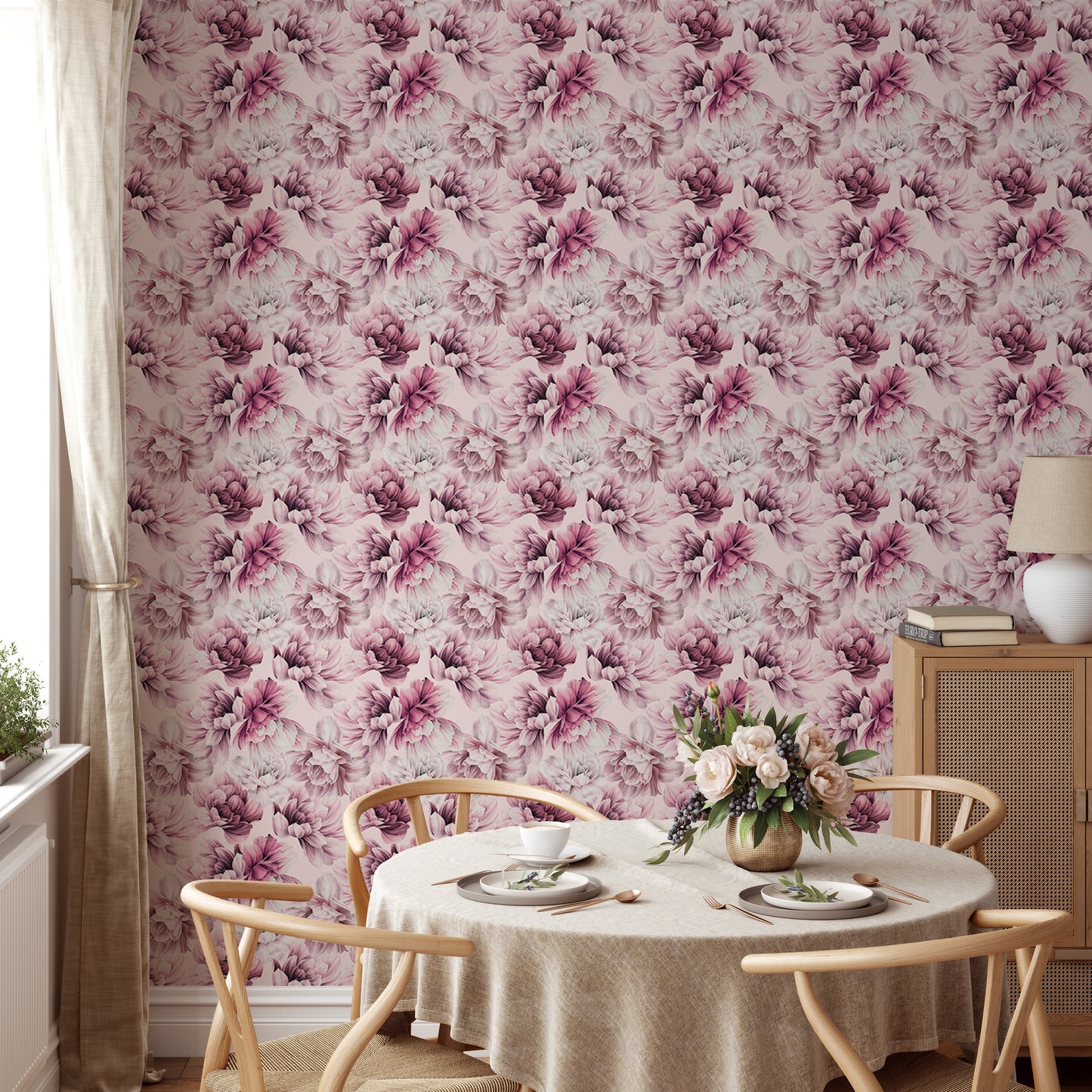 Pink Peony Flowers Summer Background Peel and Stick Wallpaper