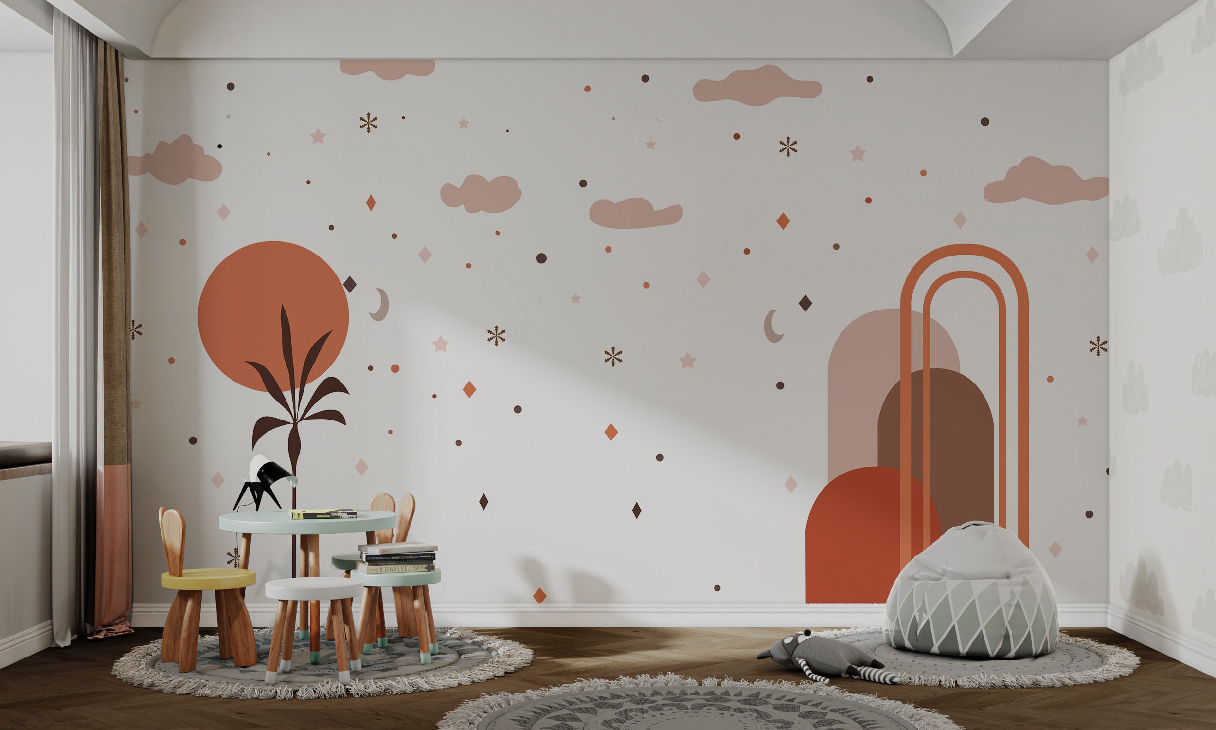 Whimsical sky-themed wall mural for children