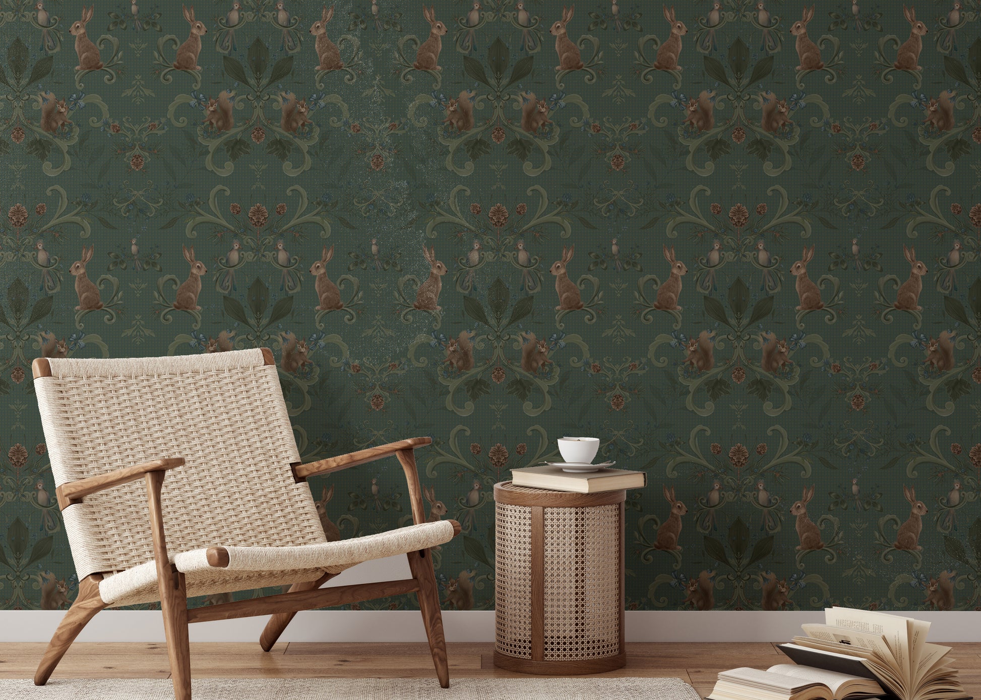 Victorian forest wallpaper with lush green tones and animals