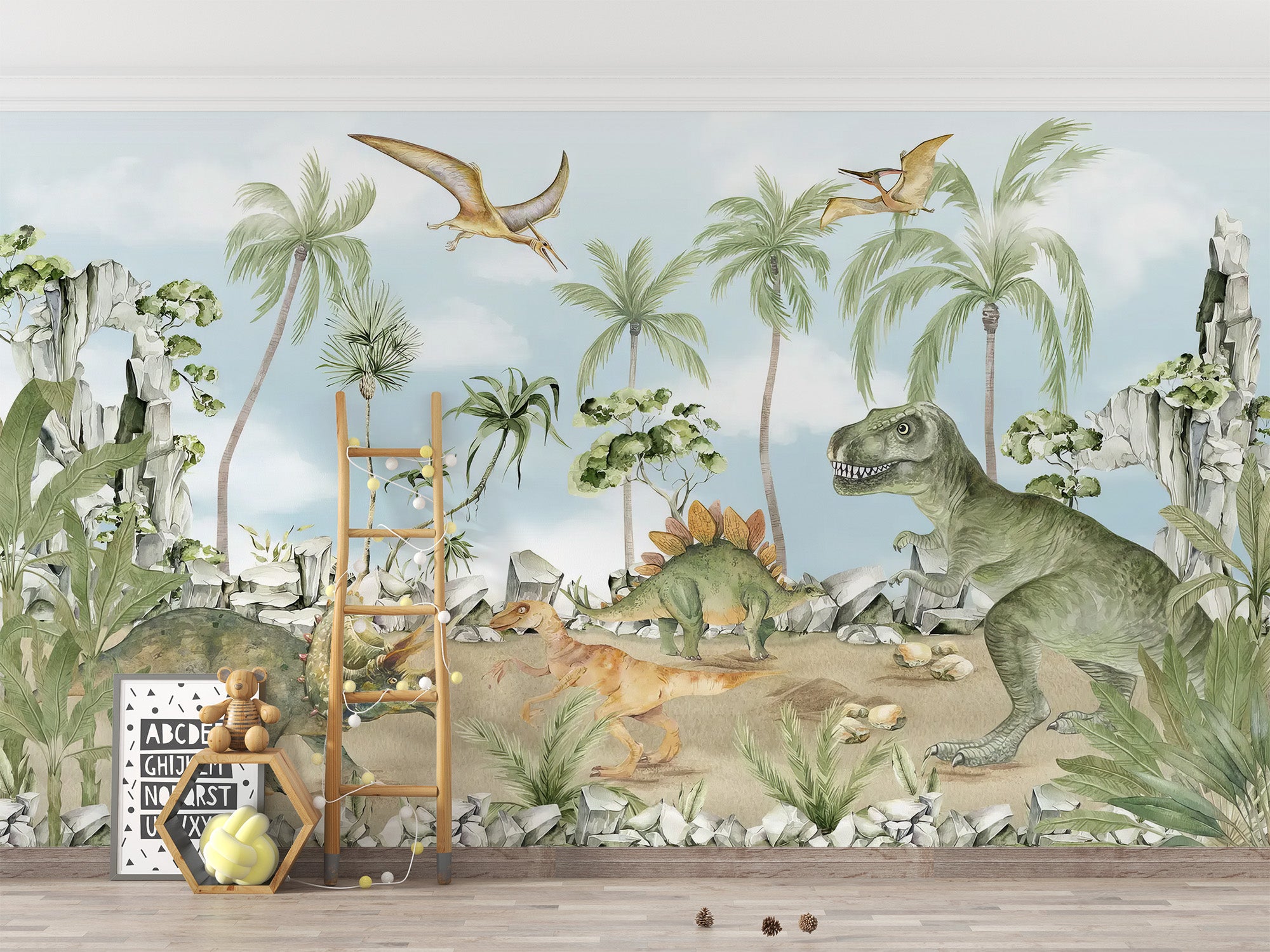 Kids room mural with friendly dinosaurs and a lively backdrop
