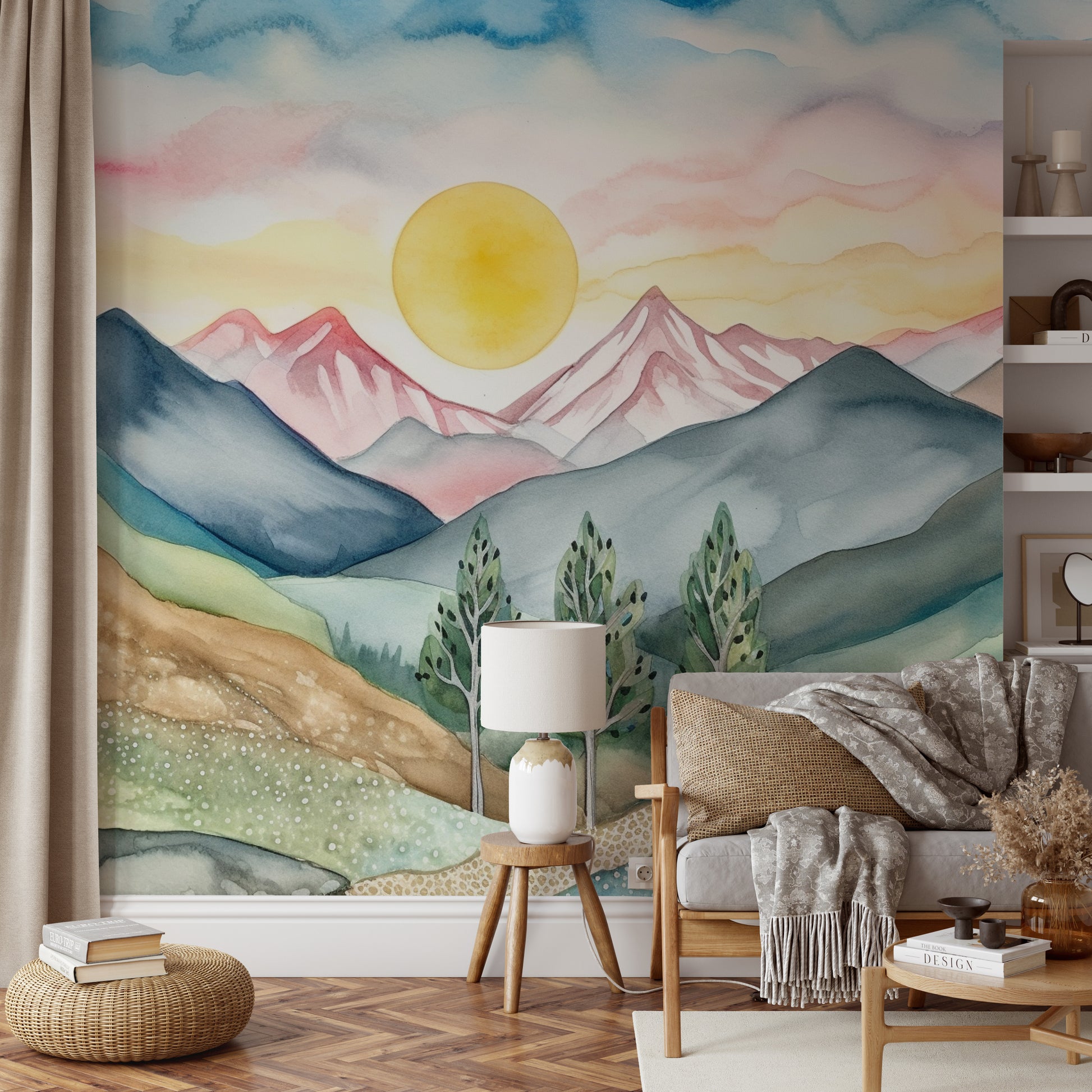 Playful pastel peaks nursery wallpaper
