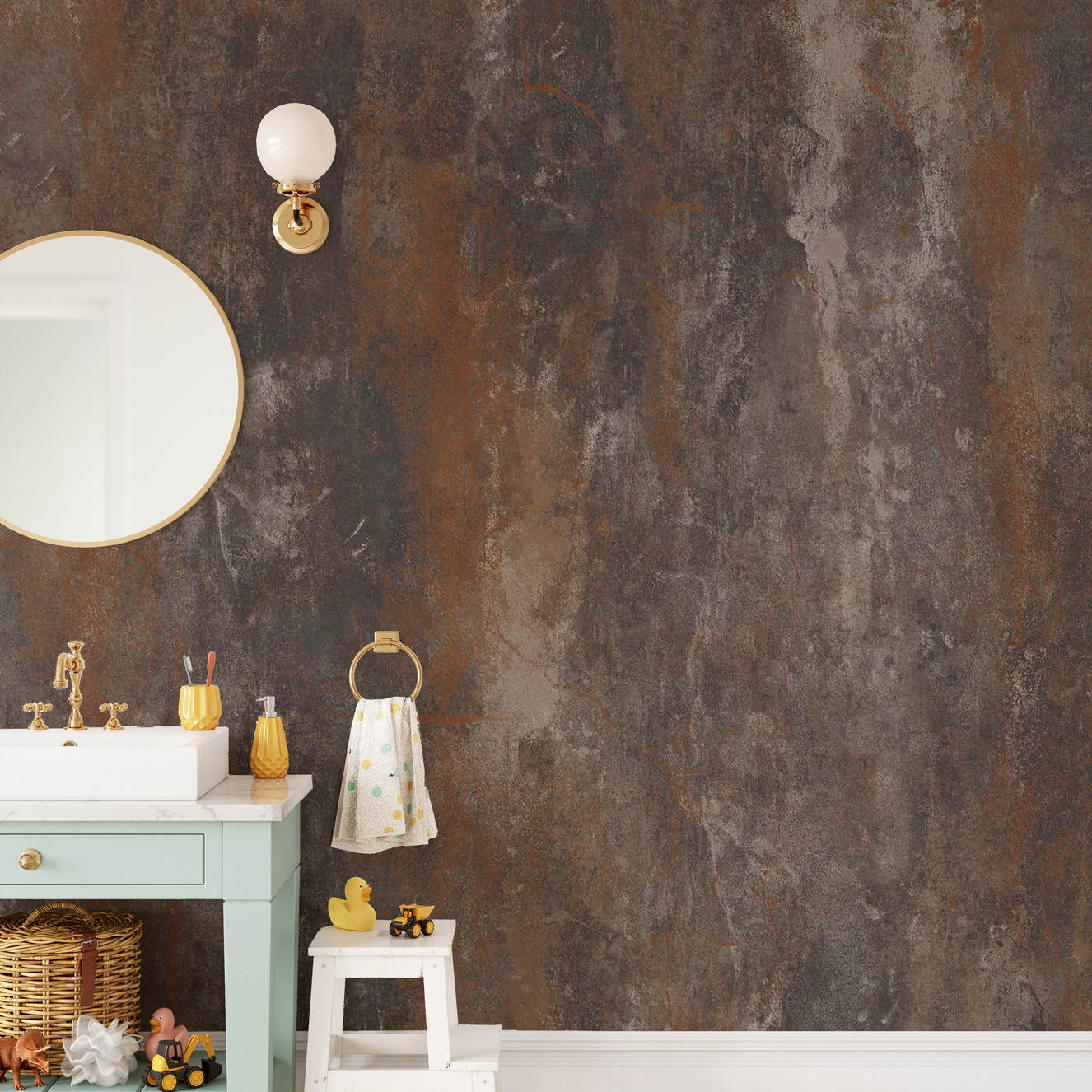 Rustic metal wallpaper in earthy brown tones.
