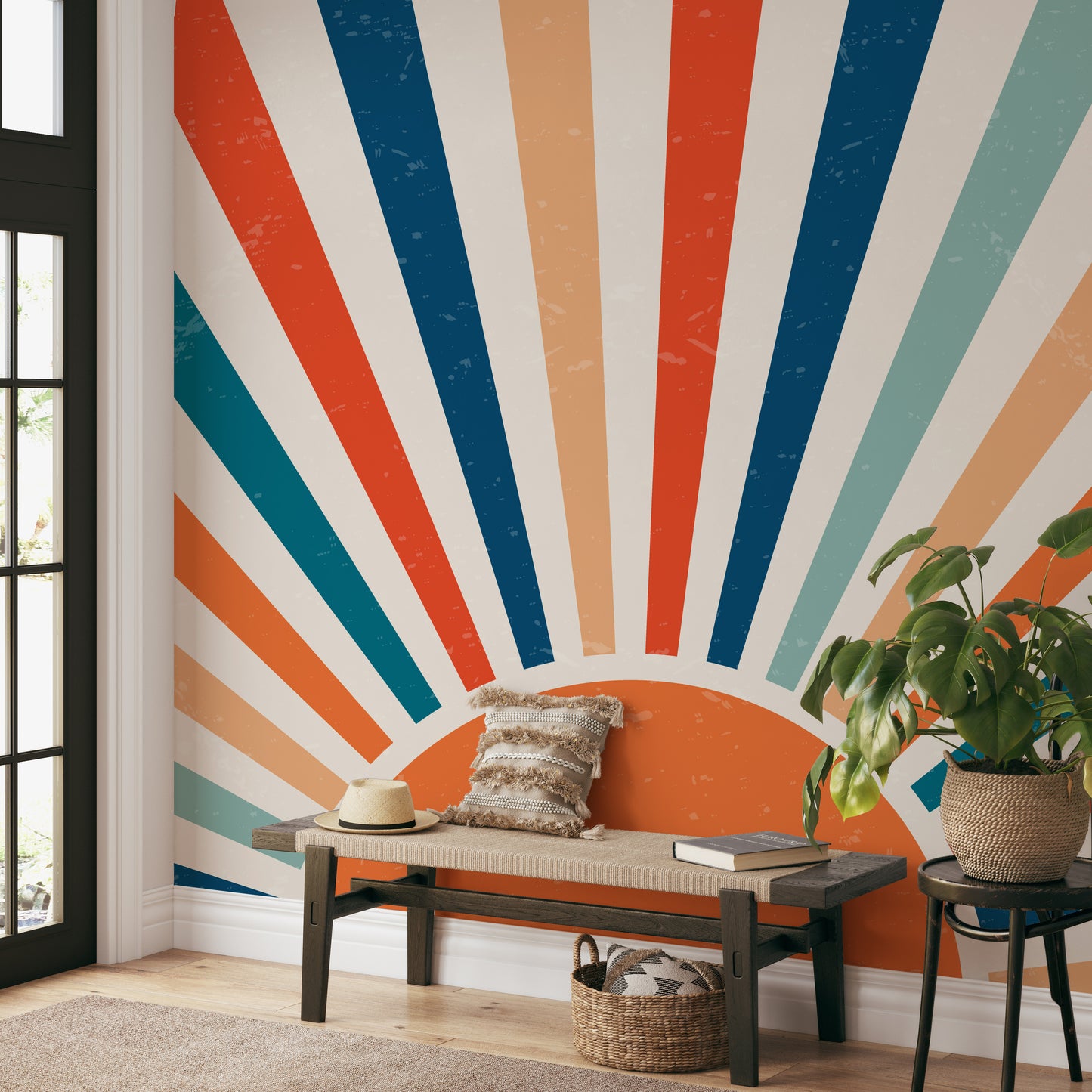 Vintage sun rays wallpaper with bold colors
