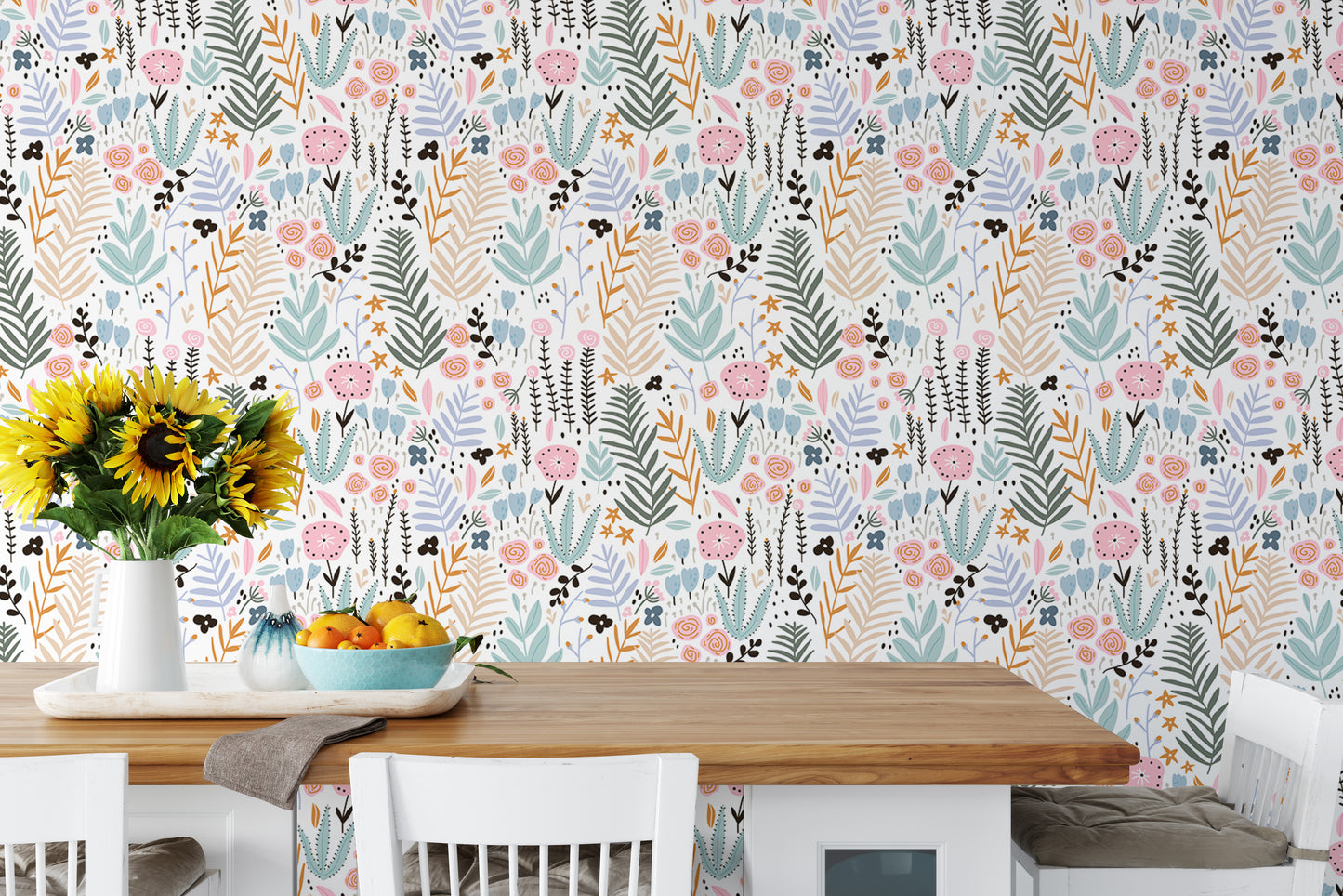 Colorful Leaves and Flower Repeat Pattern Wallpaper