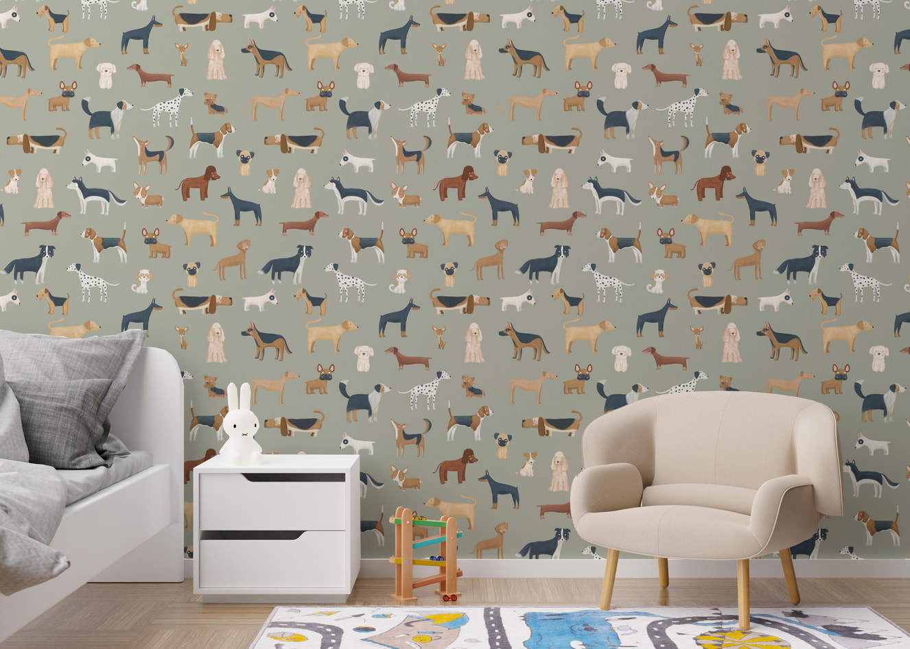 Dog breed pattern on vibrant safari green wallpaper
