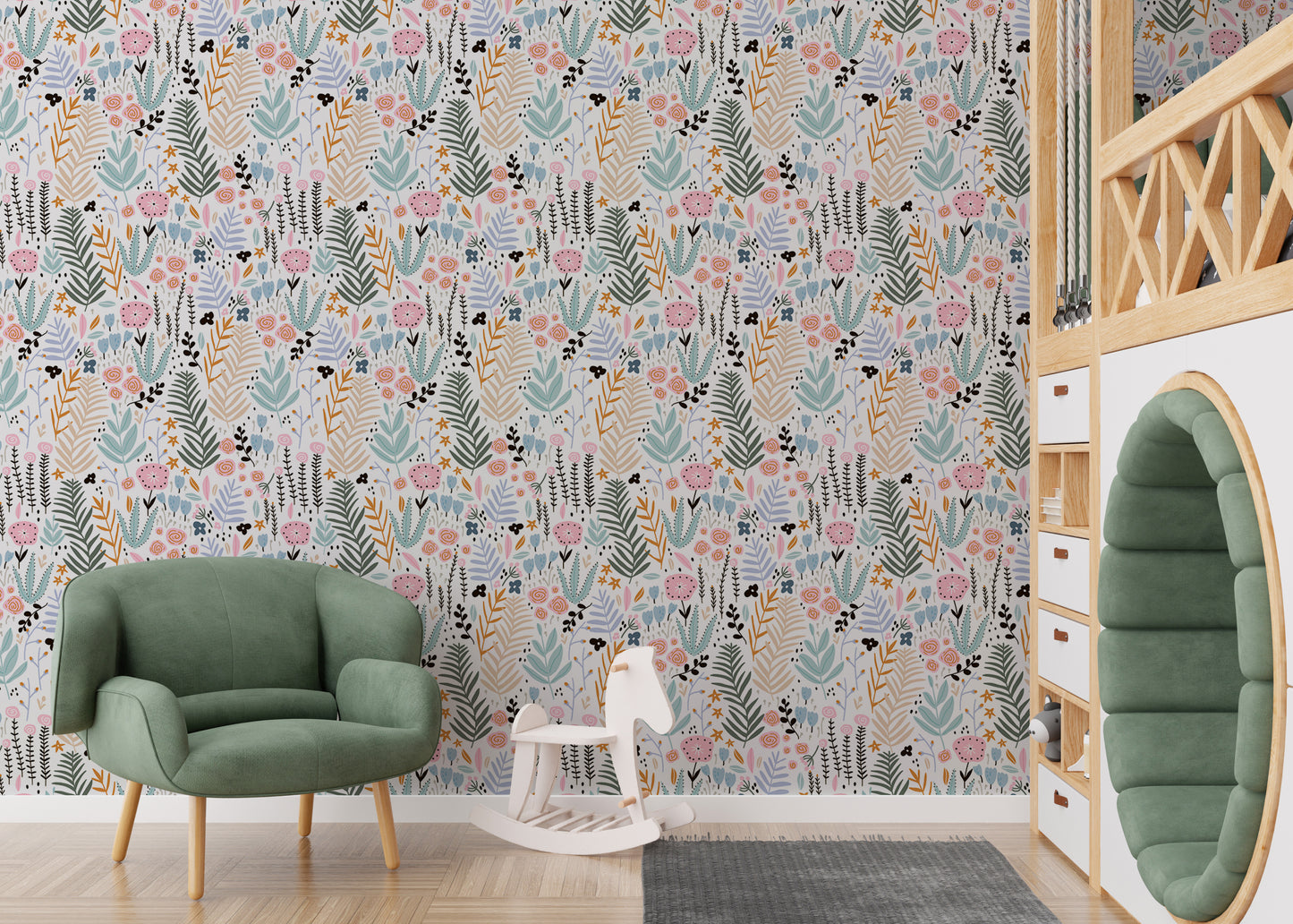 Colorful Leaves and Flower Repeat Pattern Wallpaper