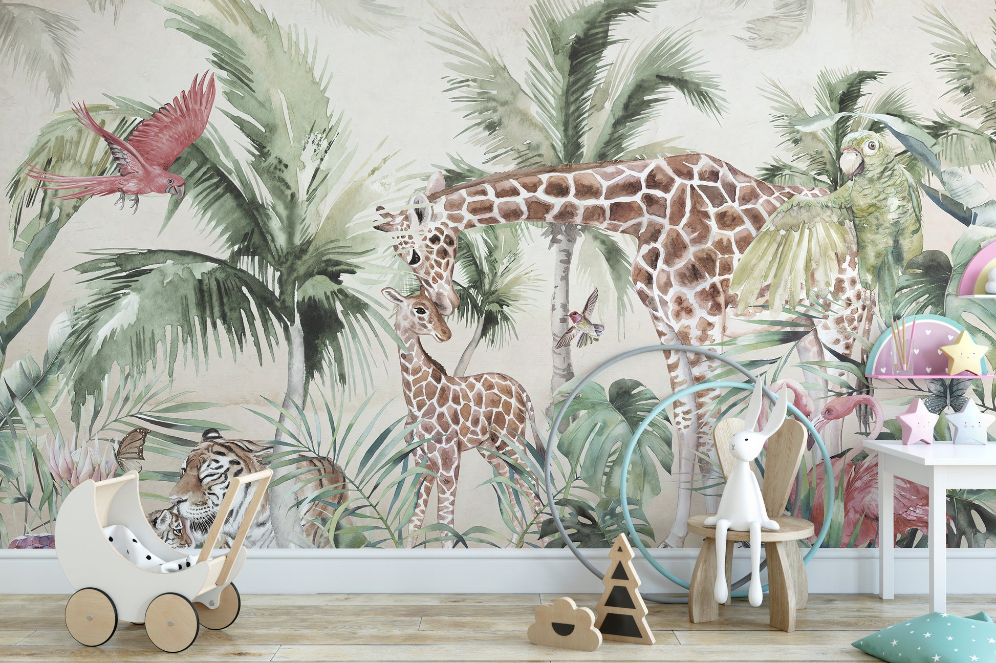 Forest-themed mural with giraffe and tiger elements