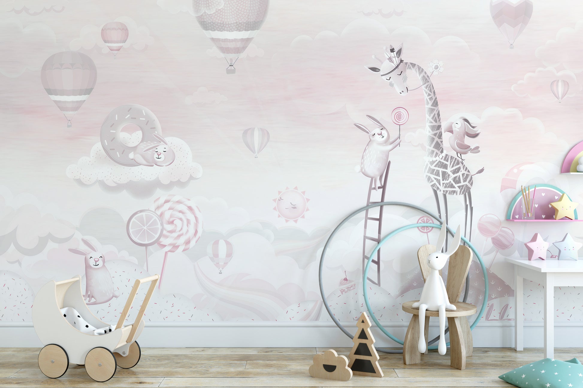 Playful pink cartoon wallpaper for kids
