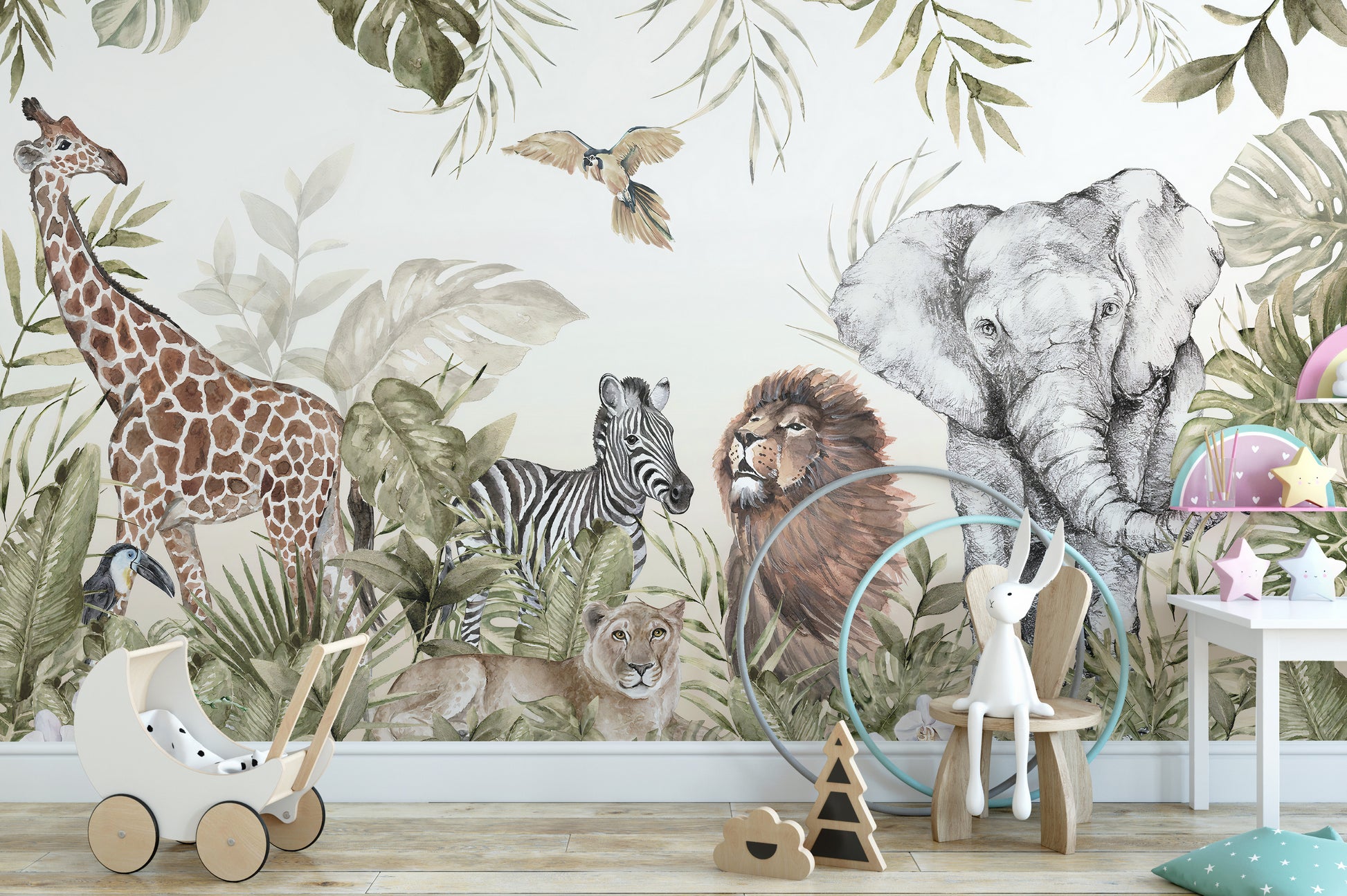 Watercolor jungle animals wall decor mural
