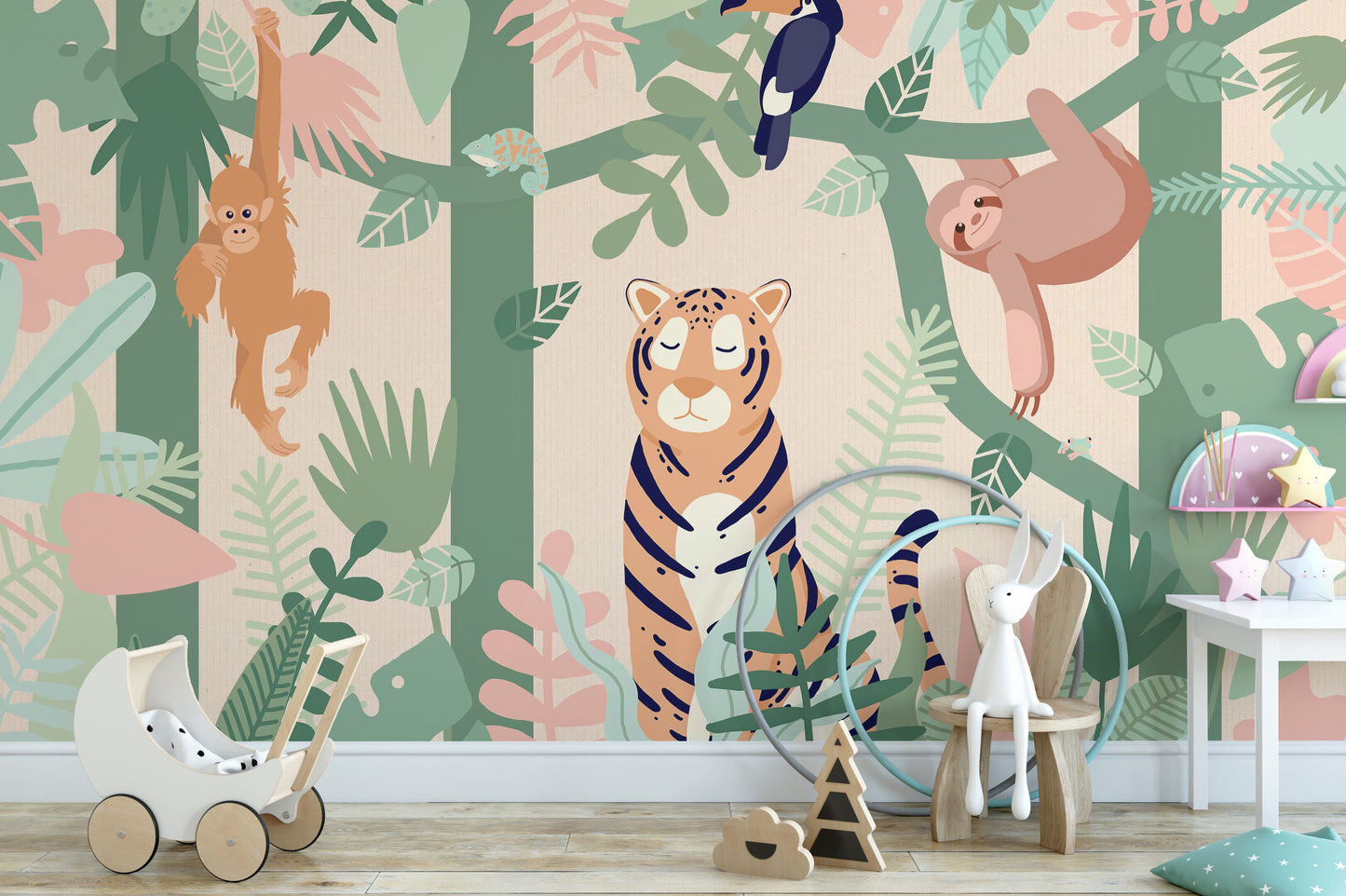 Cartoon tiger peel and stick forest mural
