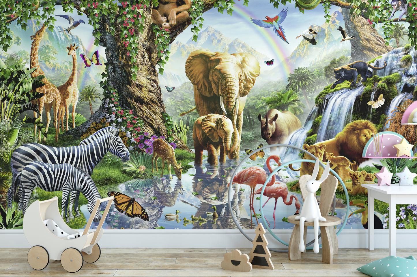 Vibrant 3D jungle animals wallpaper for kids
