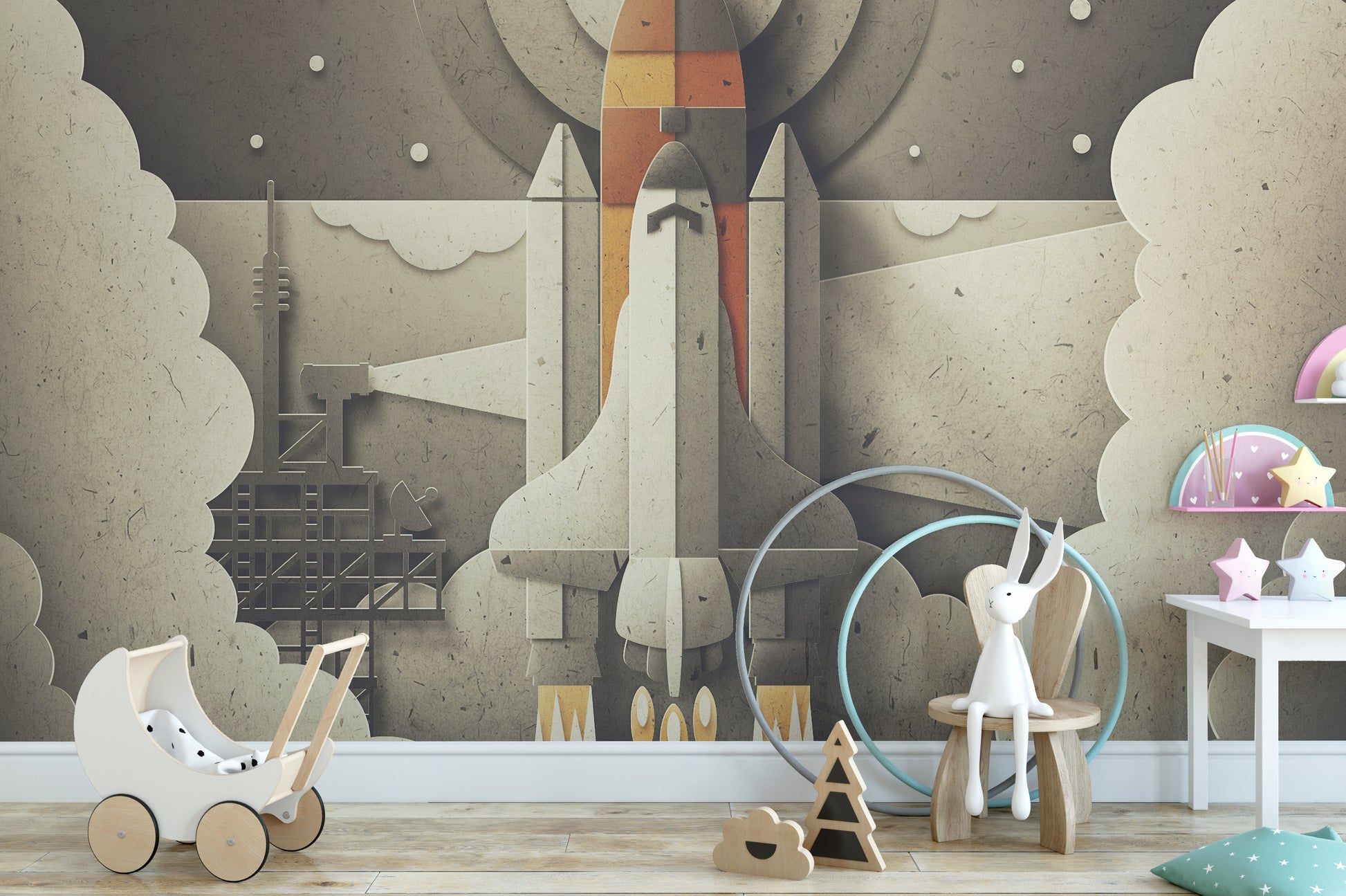 Rocket launch wallpaper for children’s rooms
