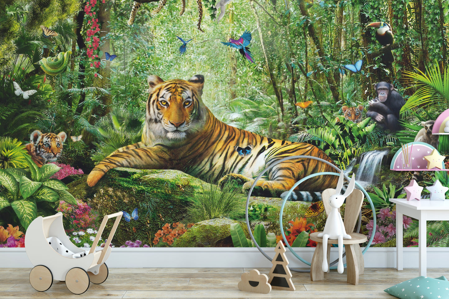 Exotic animals in jungle wallpaper design
