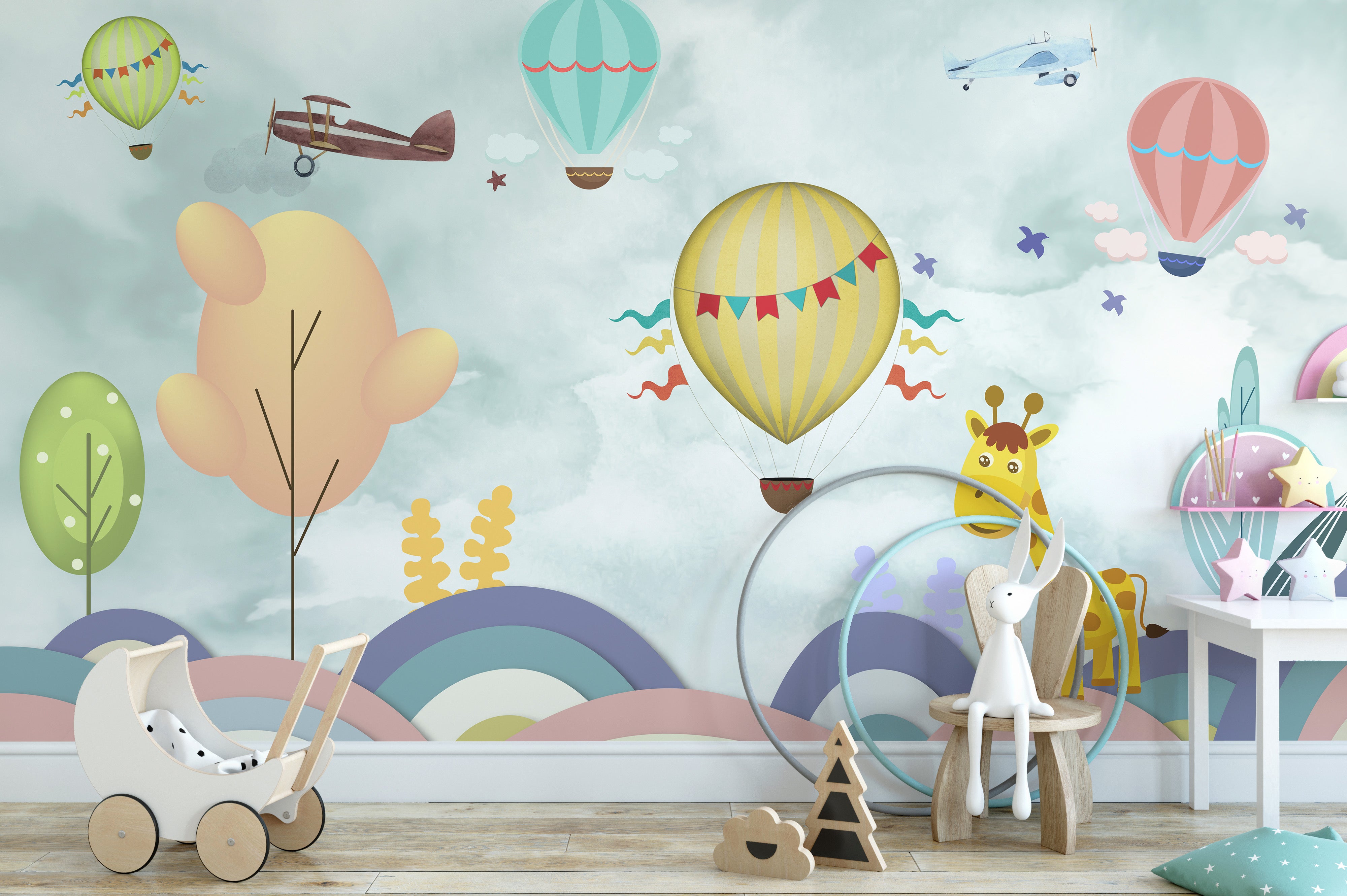 Cheerful giraffe with balloons kids’ mural.
