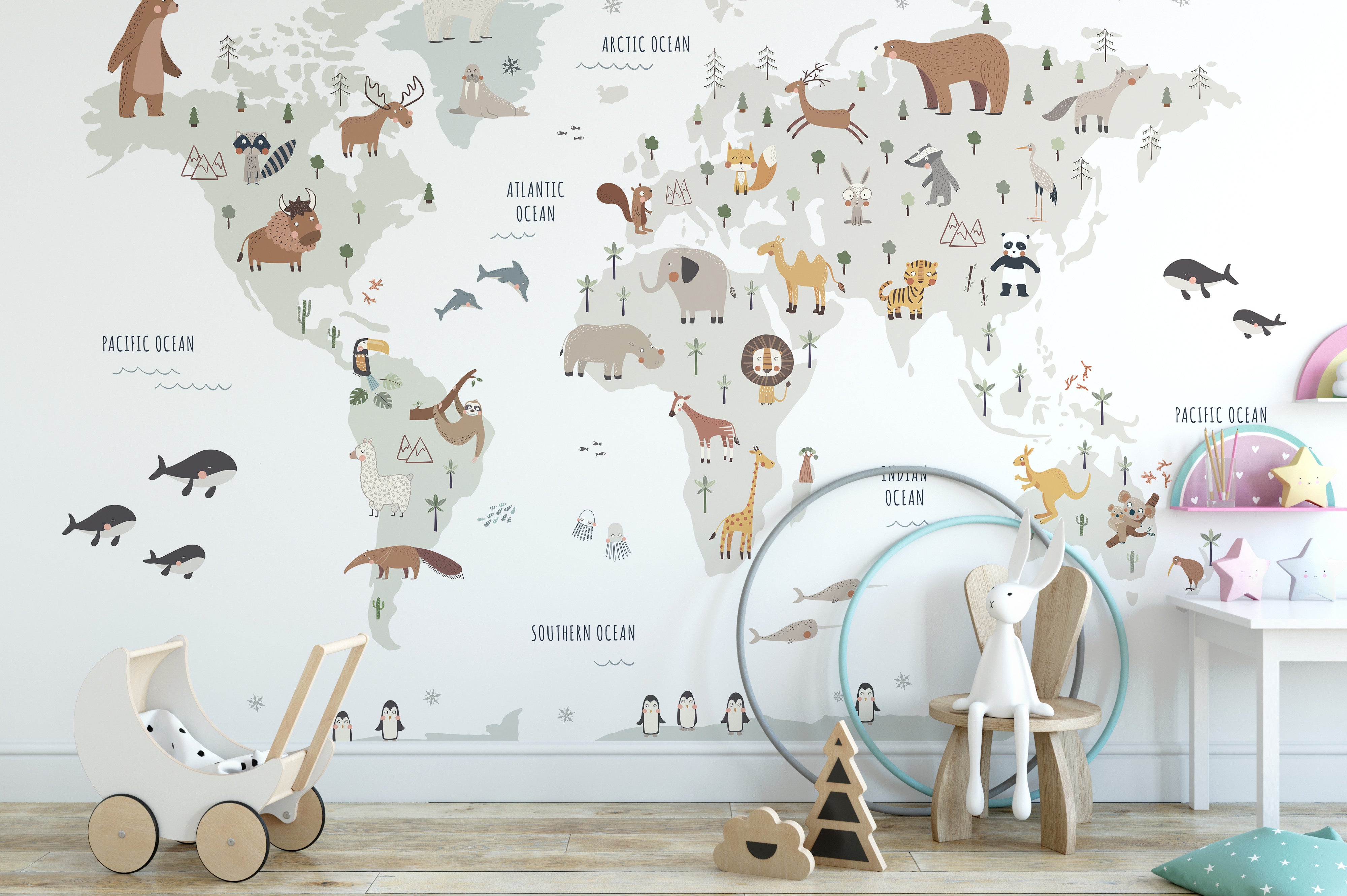 Wildlife-inspired white world map mural for bright spaces
