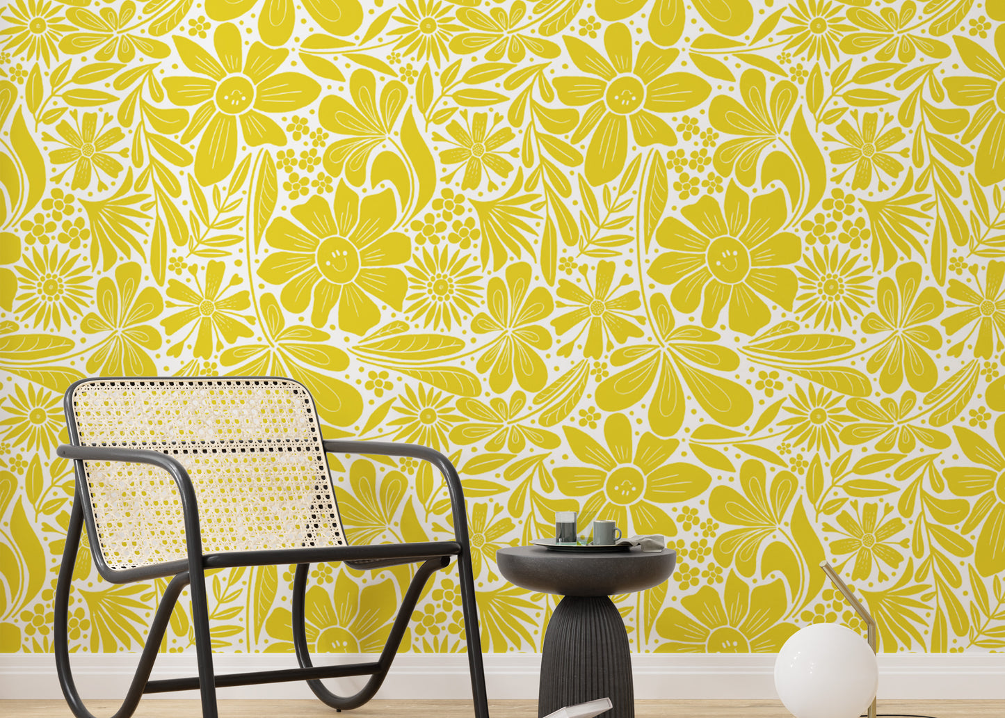 Yellow wallpaper featuring cheerful happy blooms design
