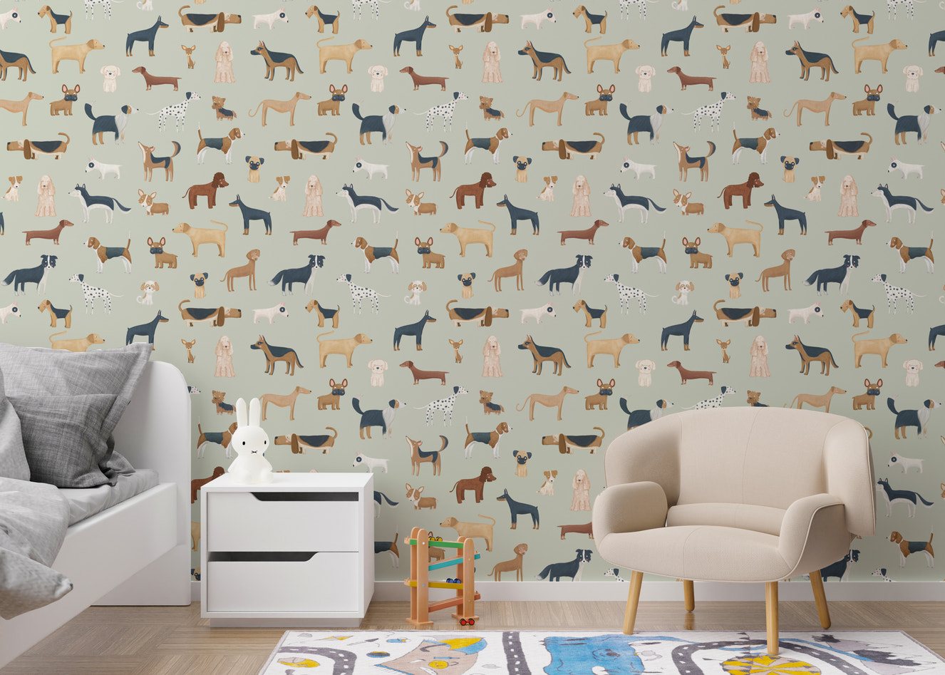 Sage Green Dogs Breed Pattern Wallpaper