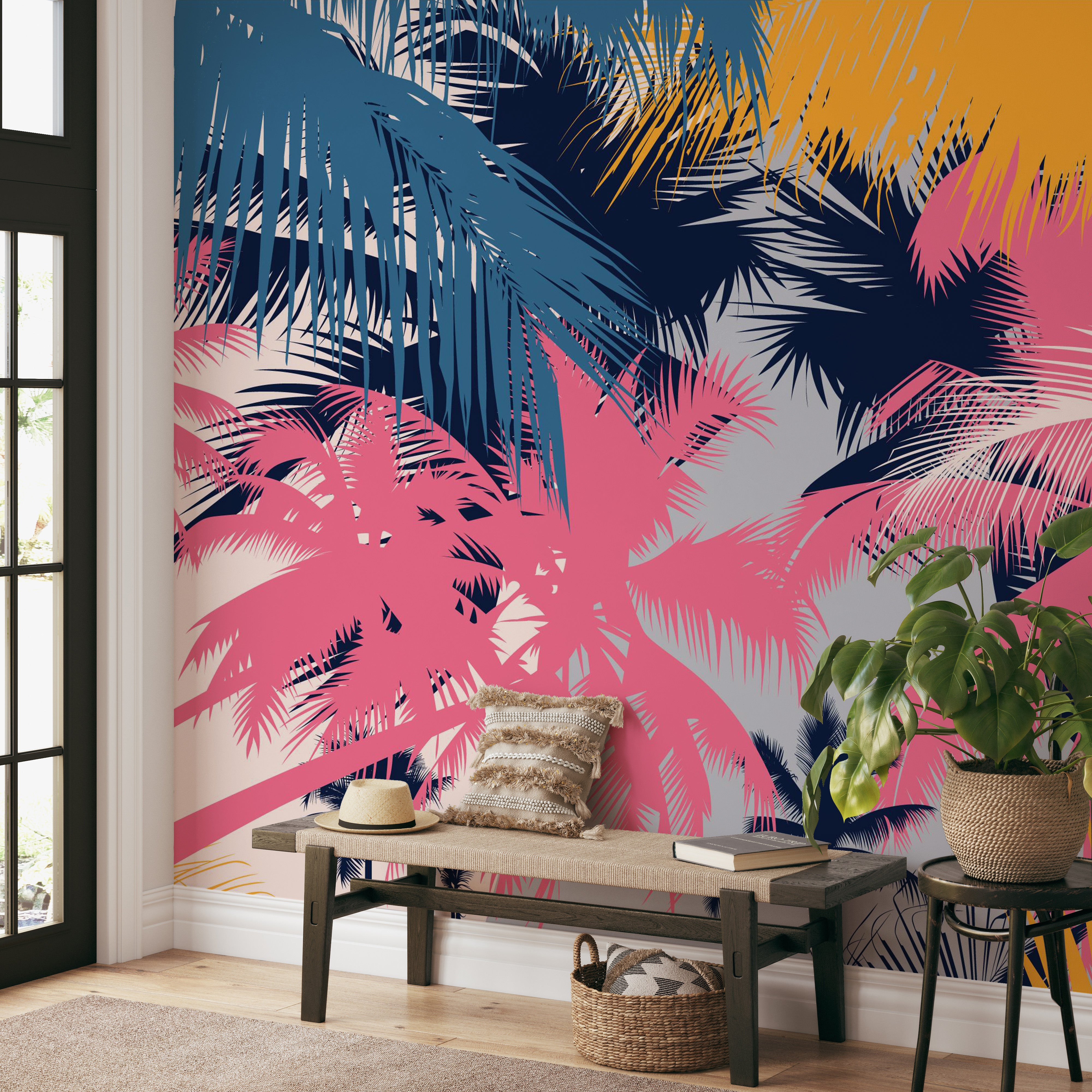 Pink and blue palm tree wallpaper for interiors
