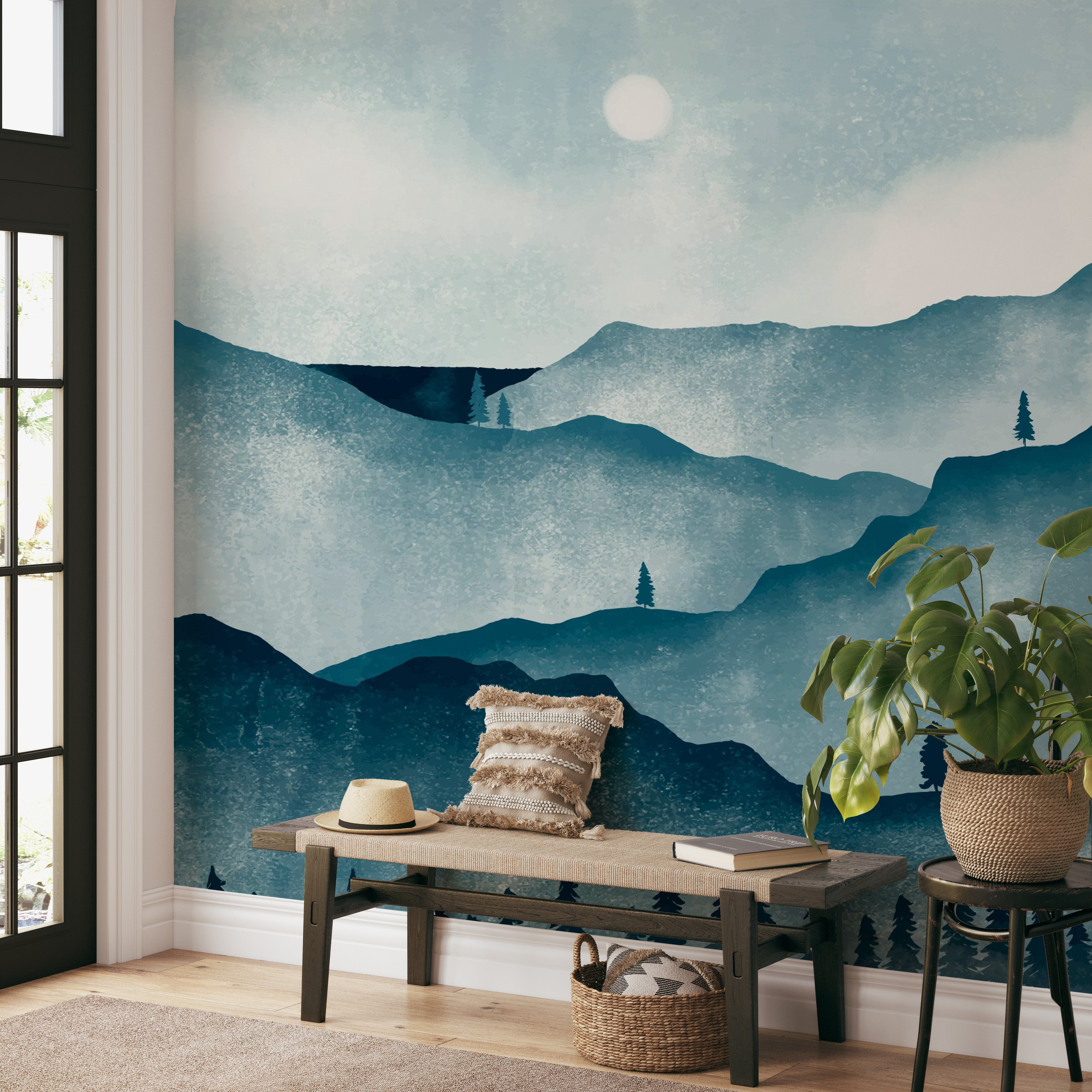 Watercolor mountain and forest design for bedroom walls
