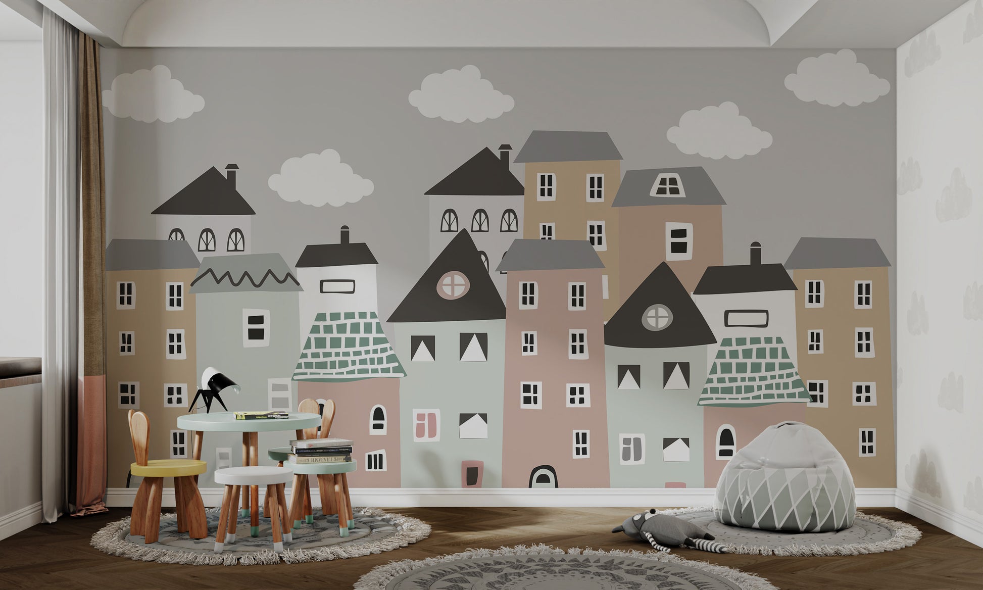 Playful nursery mural showcasing whimsical house designs