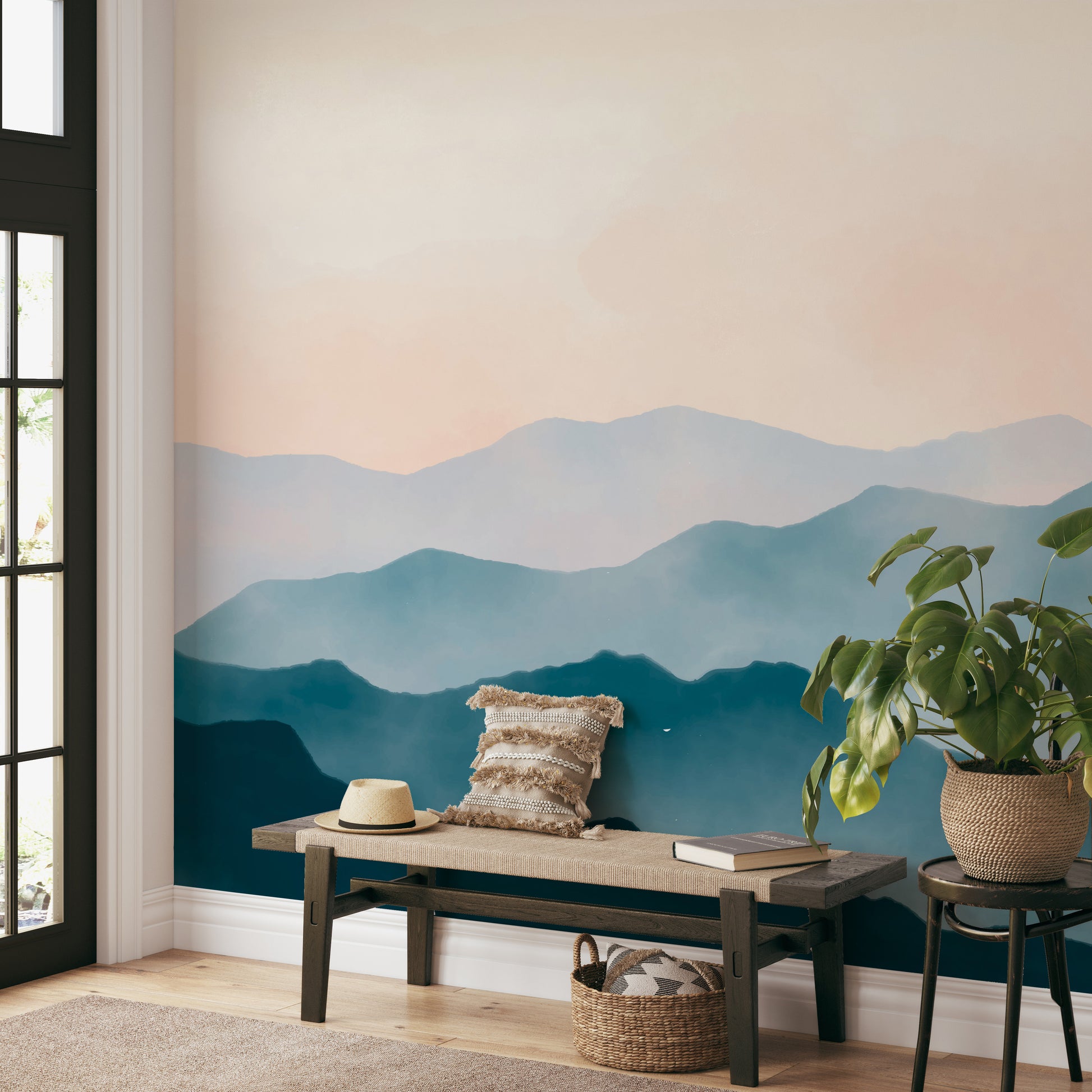 Watercolor mountain landscape wallpaper for living rooms
