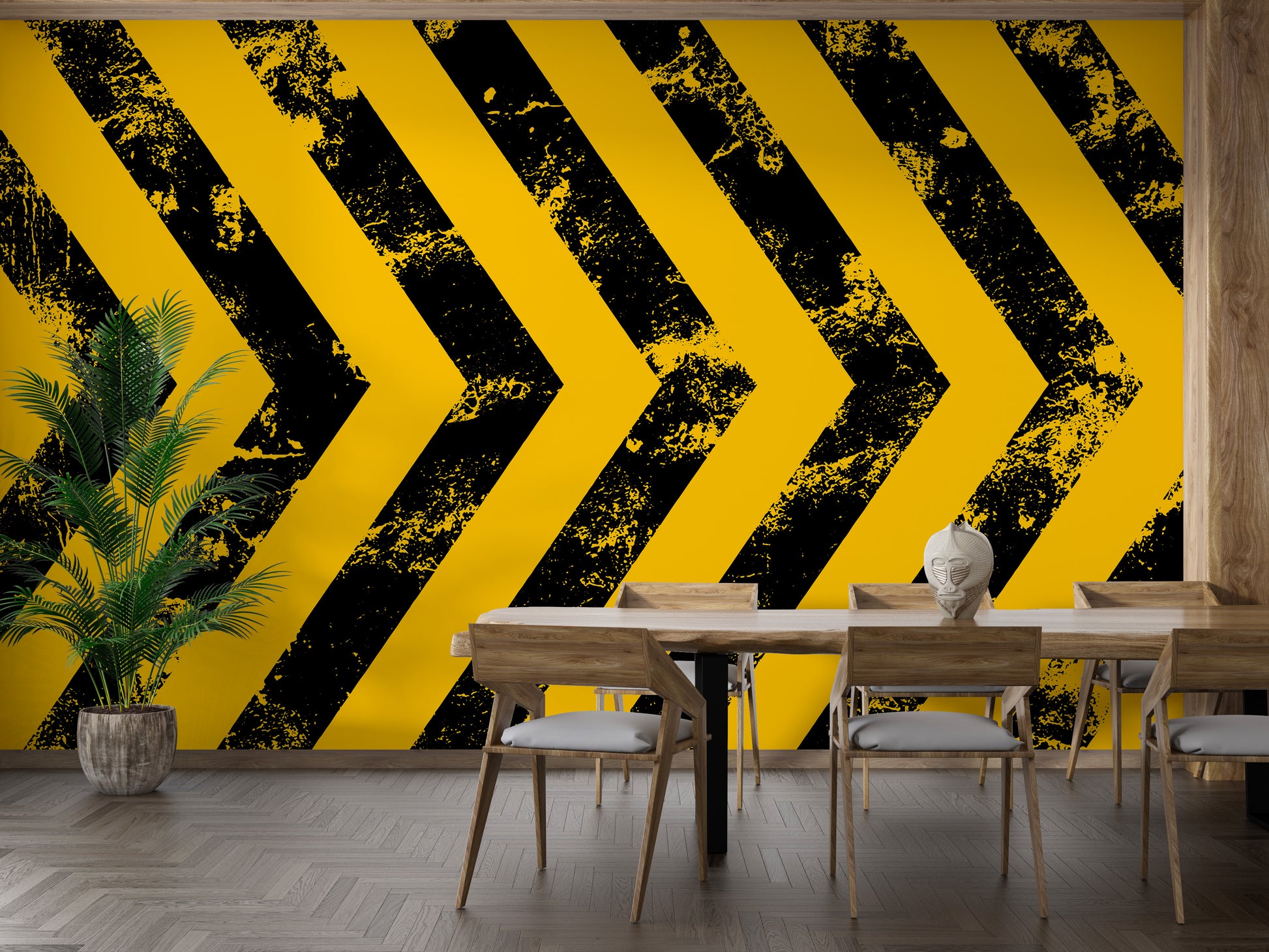 Black yellow striped mural for bold statement
