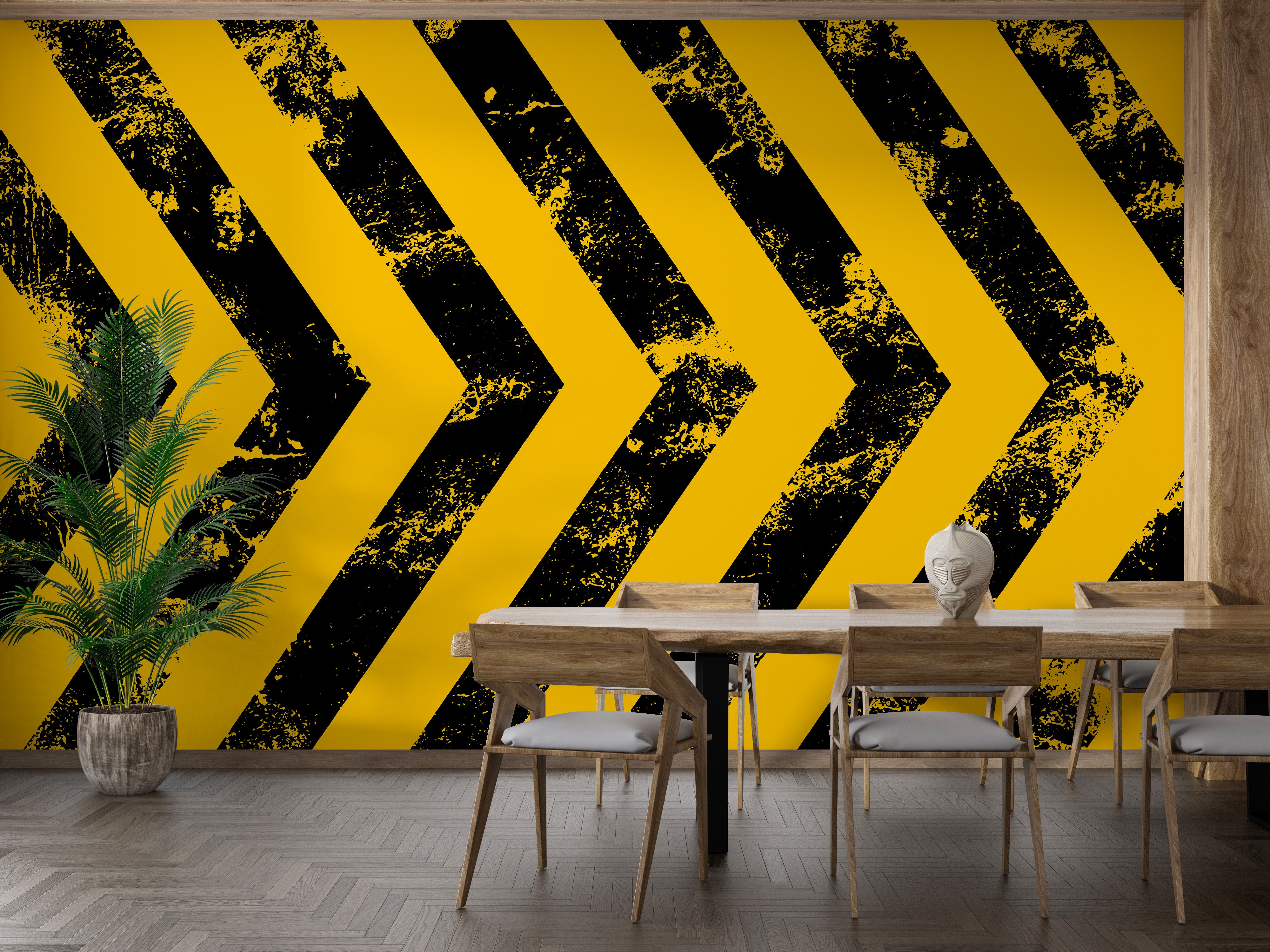 Black yellow striped mural for bold statement
