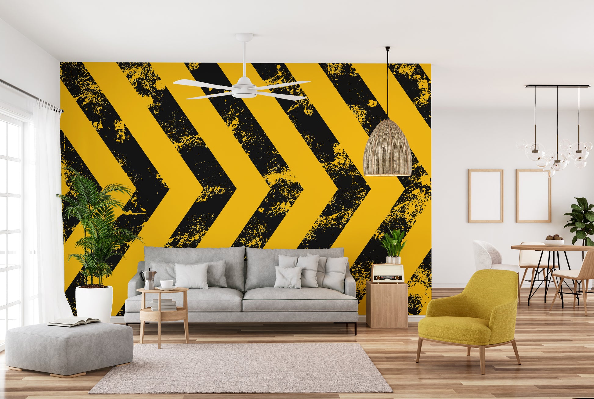 Safety-inspired black and yellow stripe wallpaper
