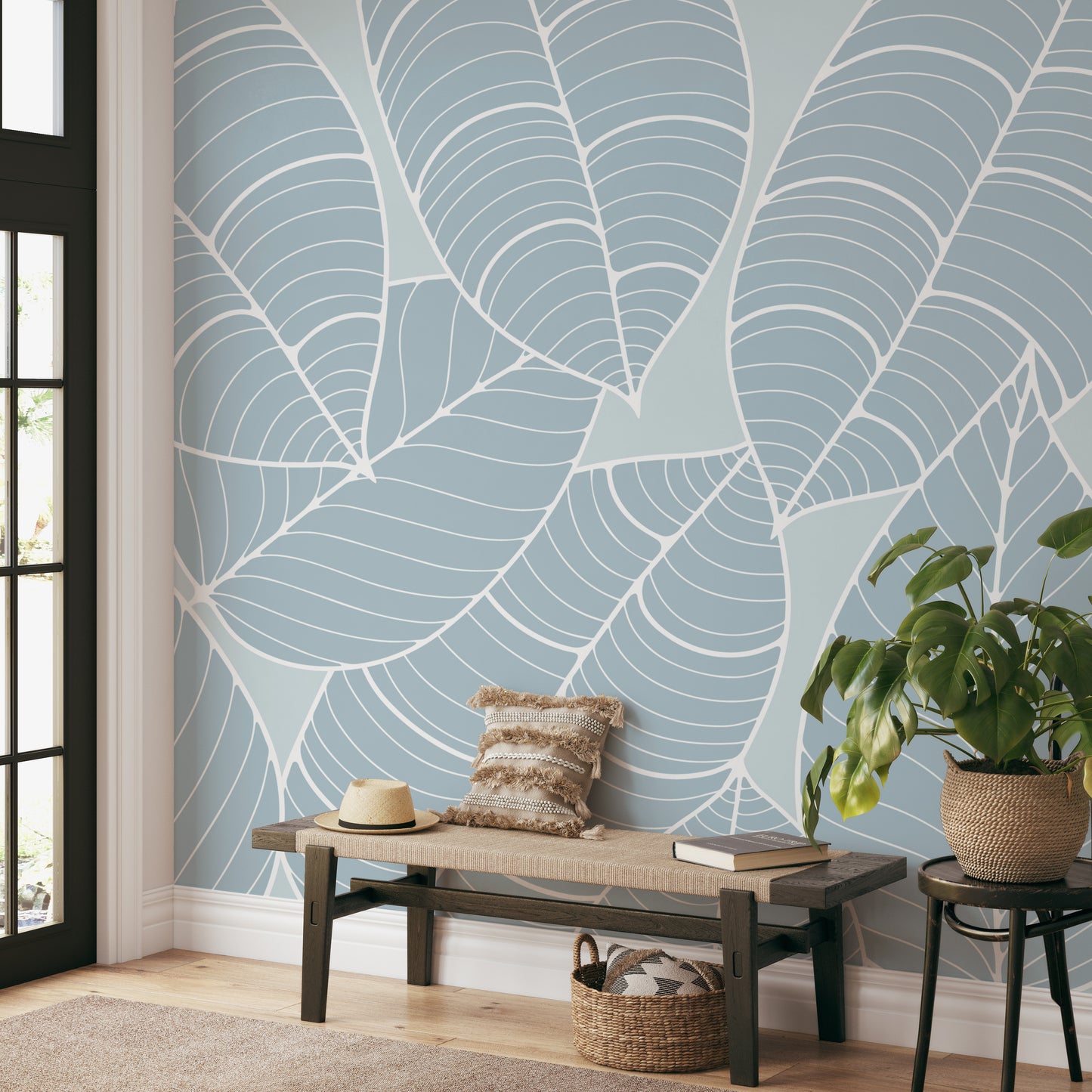 Chic botanical print wallpaper in soft blue tones






