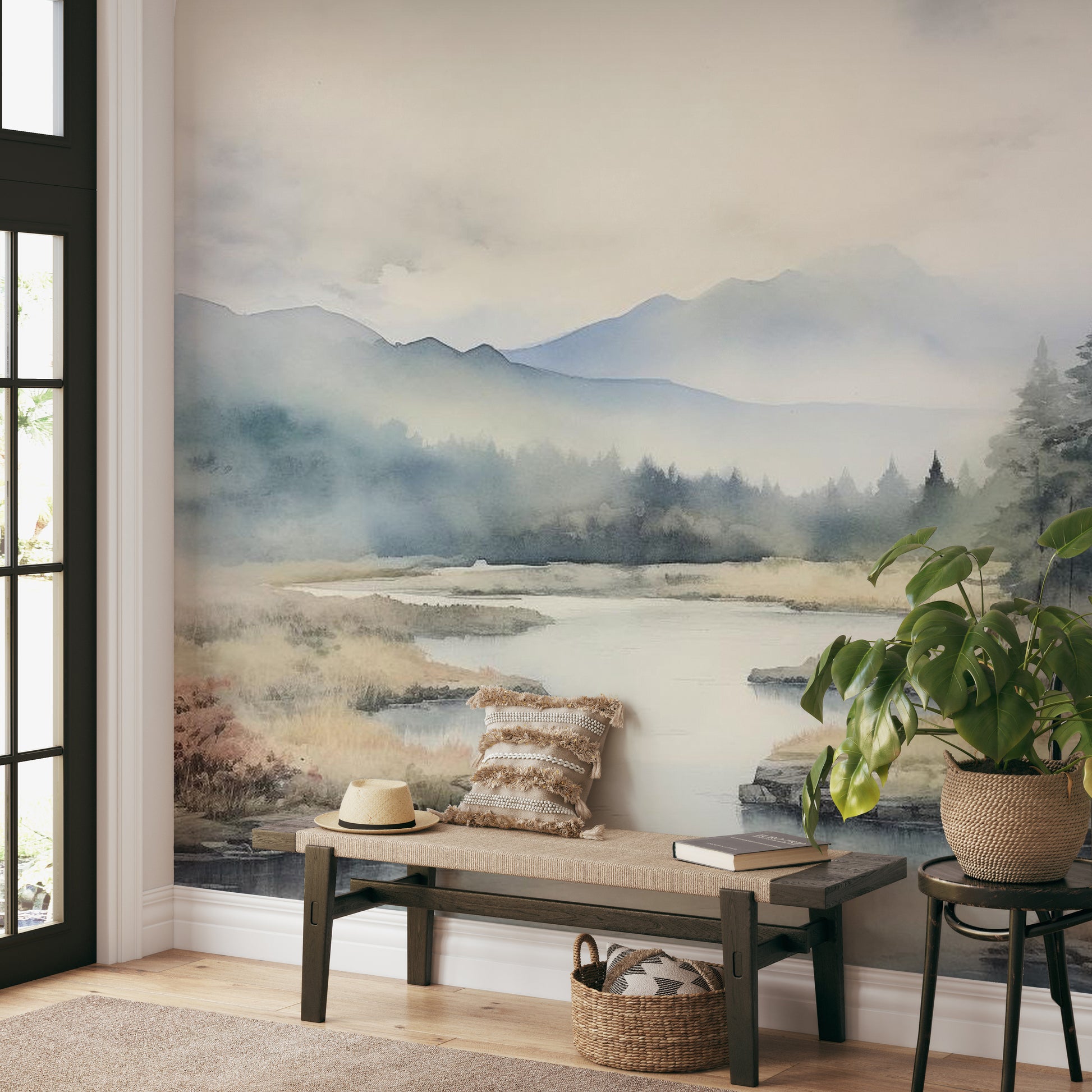 Scenic nature wall mural with flowing water
