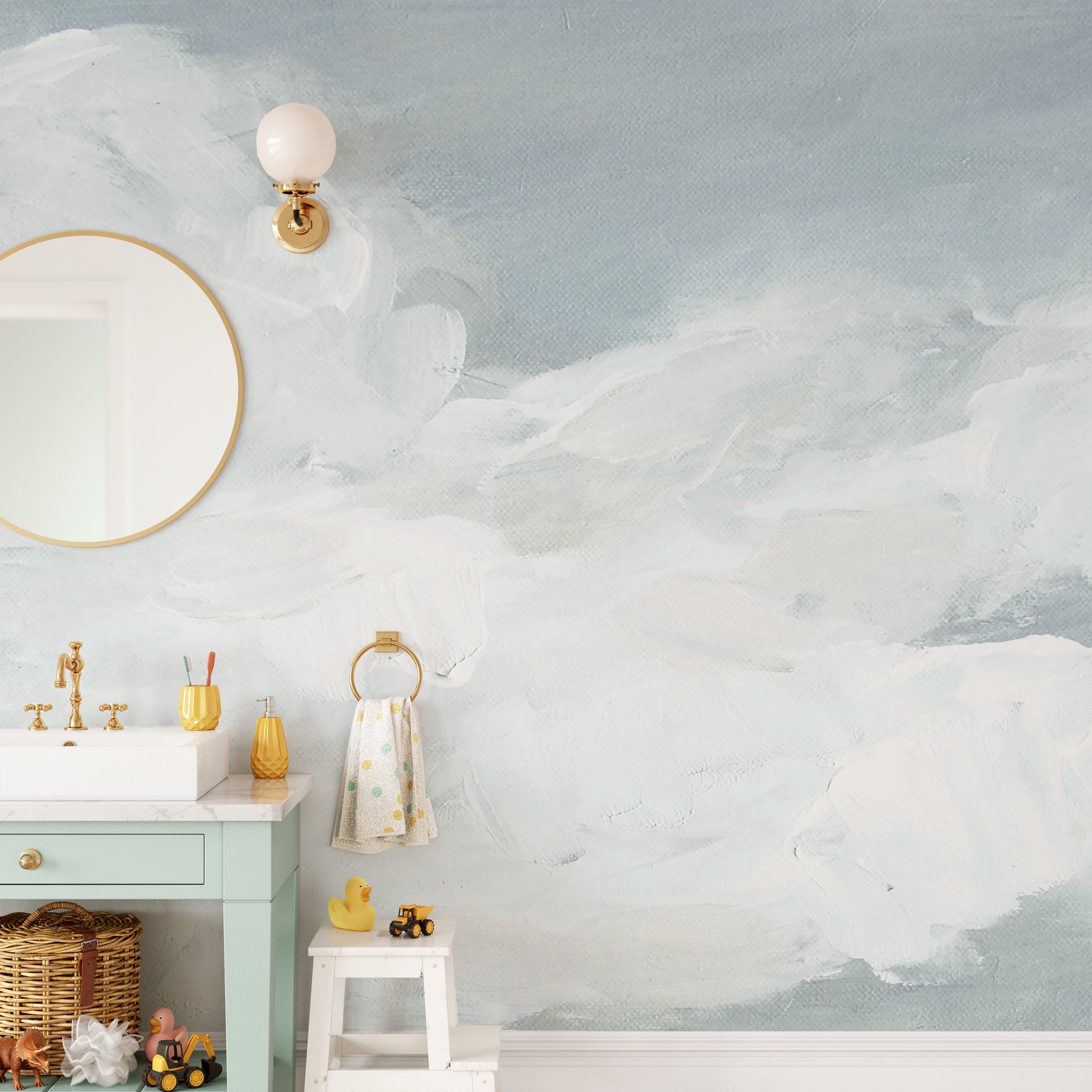 Dreamy watercolor sky mural with gentle cloud details.