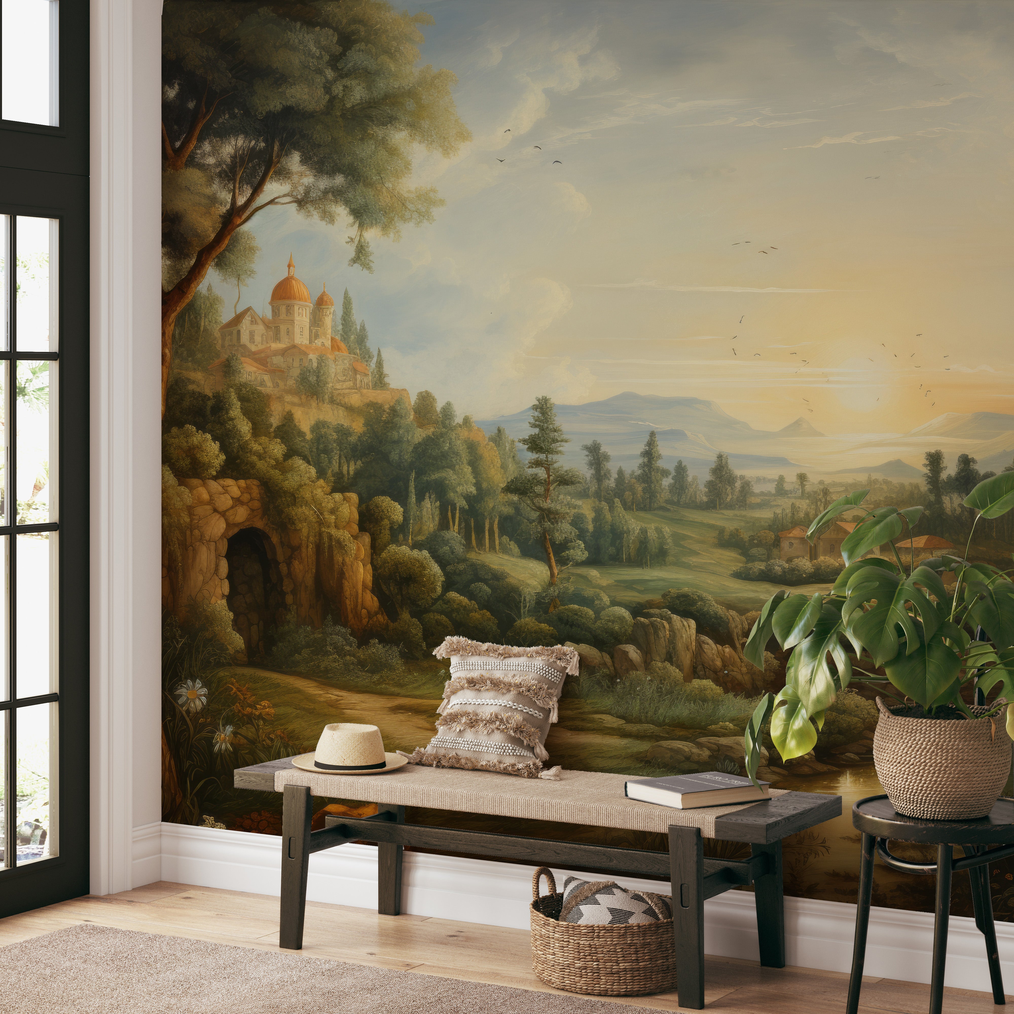 European scenic wall mural with lush greenery and river
