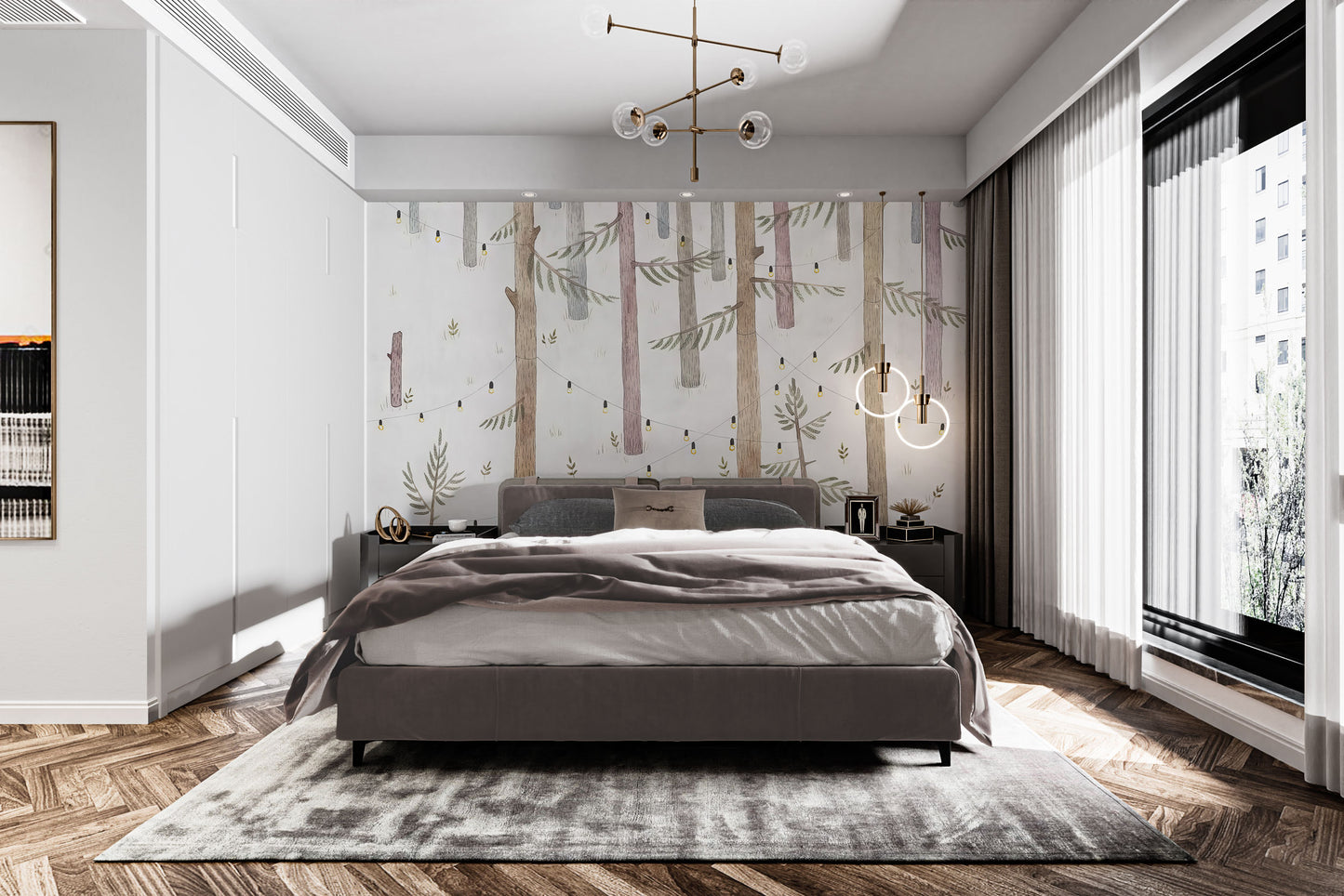 Self-adhesive woodland lights mural for enchanting spaces