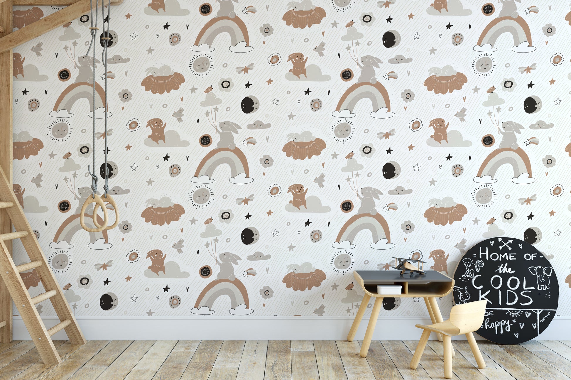 Neutral boho pattern wallpaper for nurseries
