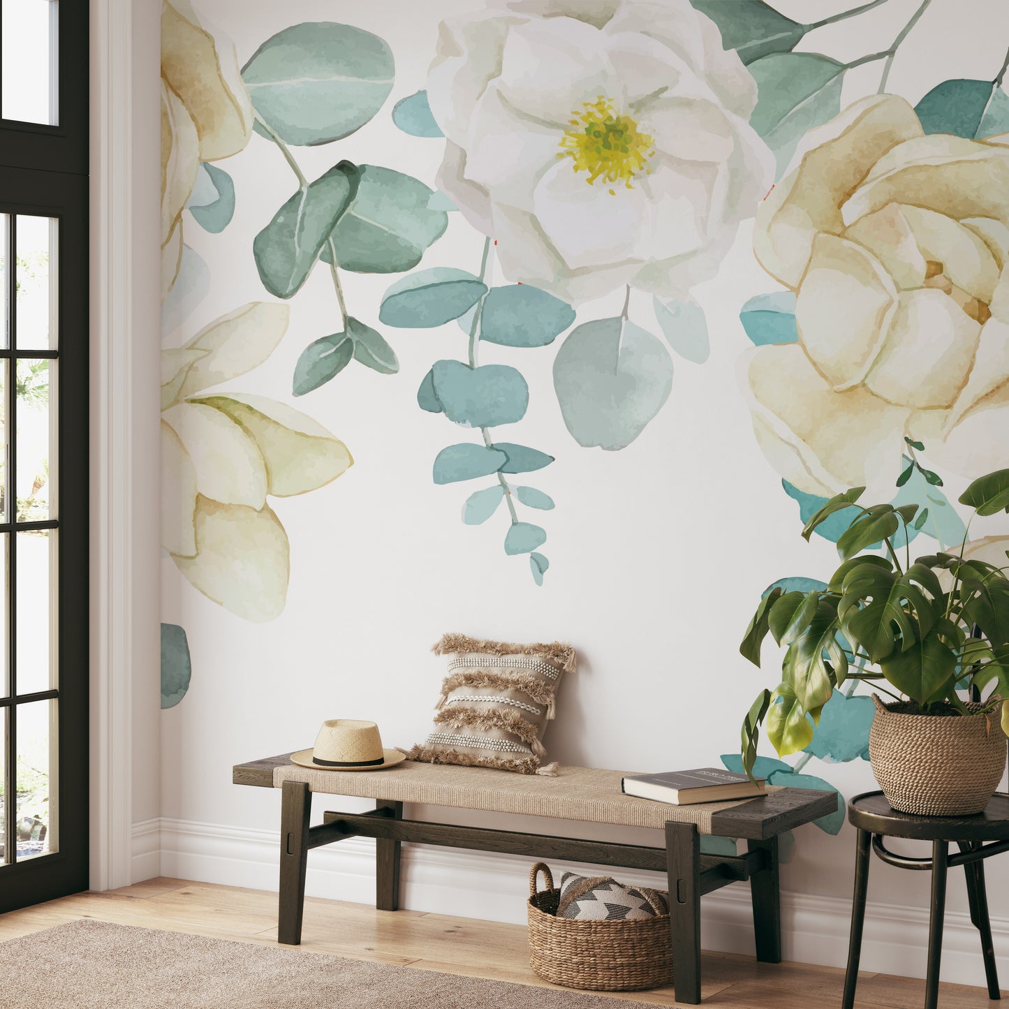 Hand-painted floral wallpaper with delicate roses
