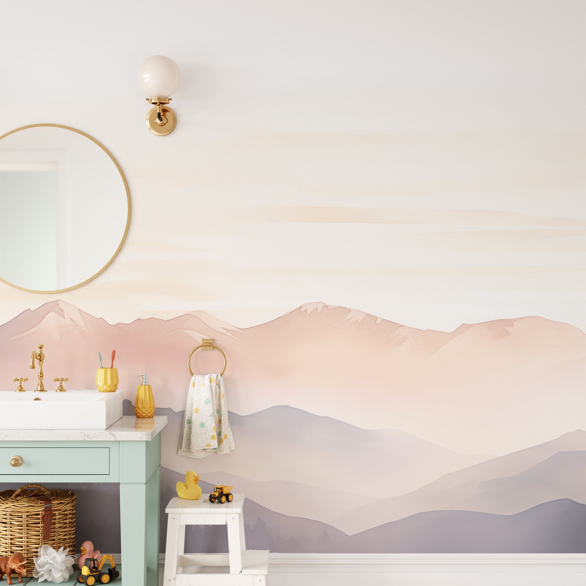 Peaceful foggy hills wall mural with soft, muted tones.
