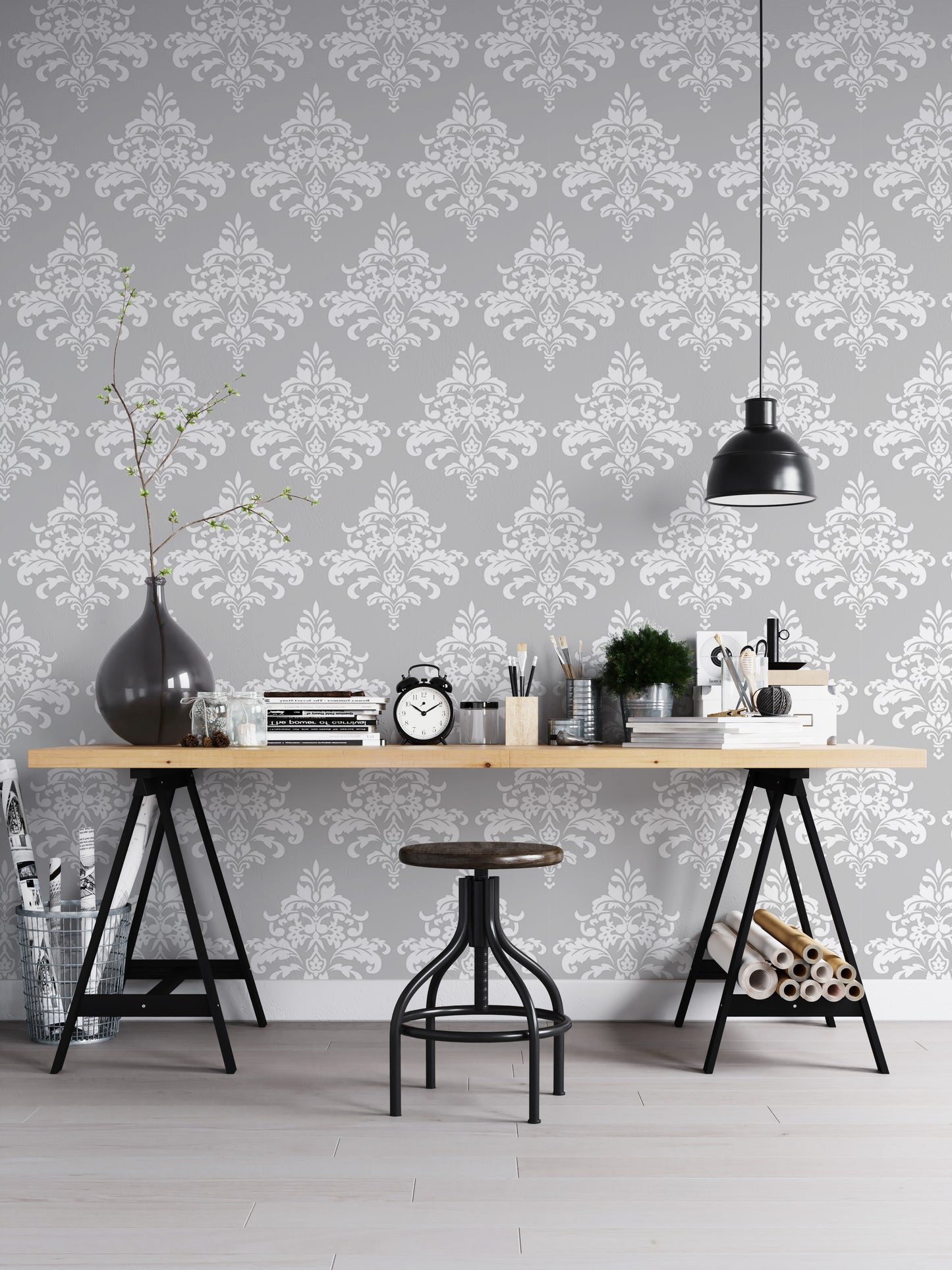 White Damask Pattern Wallpaper For Living Room