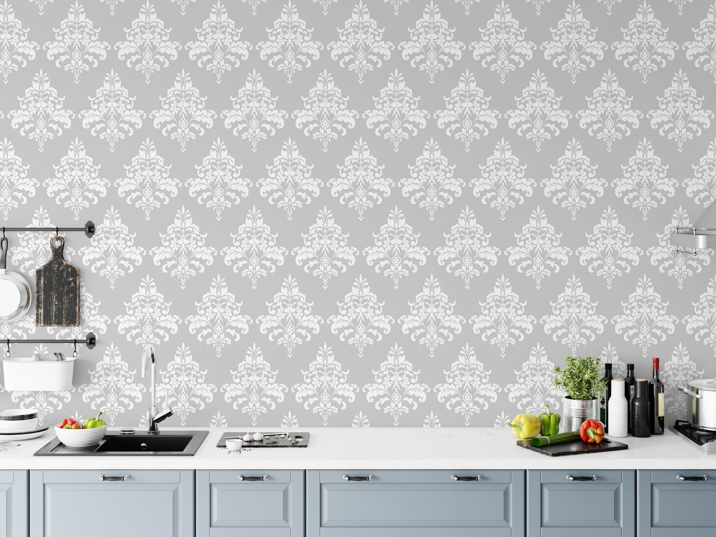 White Damask Pattern Wallpaper For Living Room