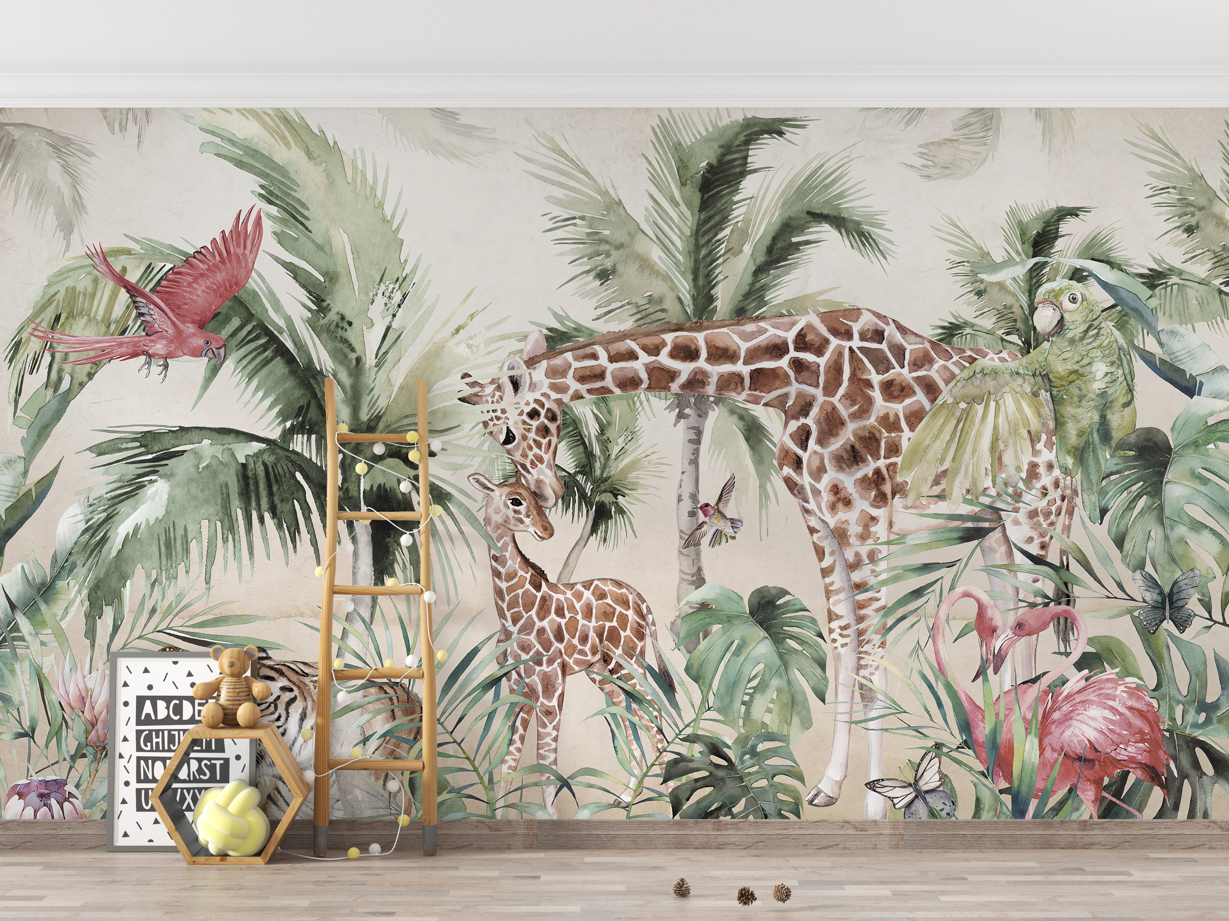 Giraffe and tiger wallpaper surrounded by forest greenery