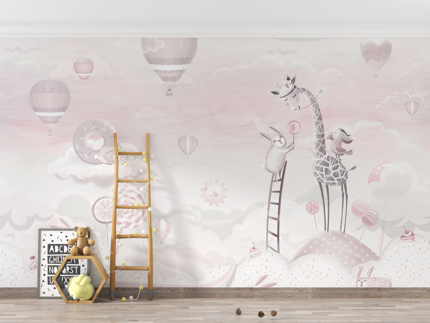 Cute cartoon mural in pink for kids decor
