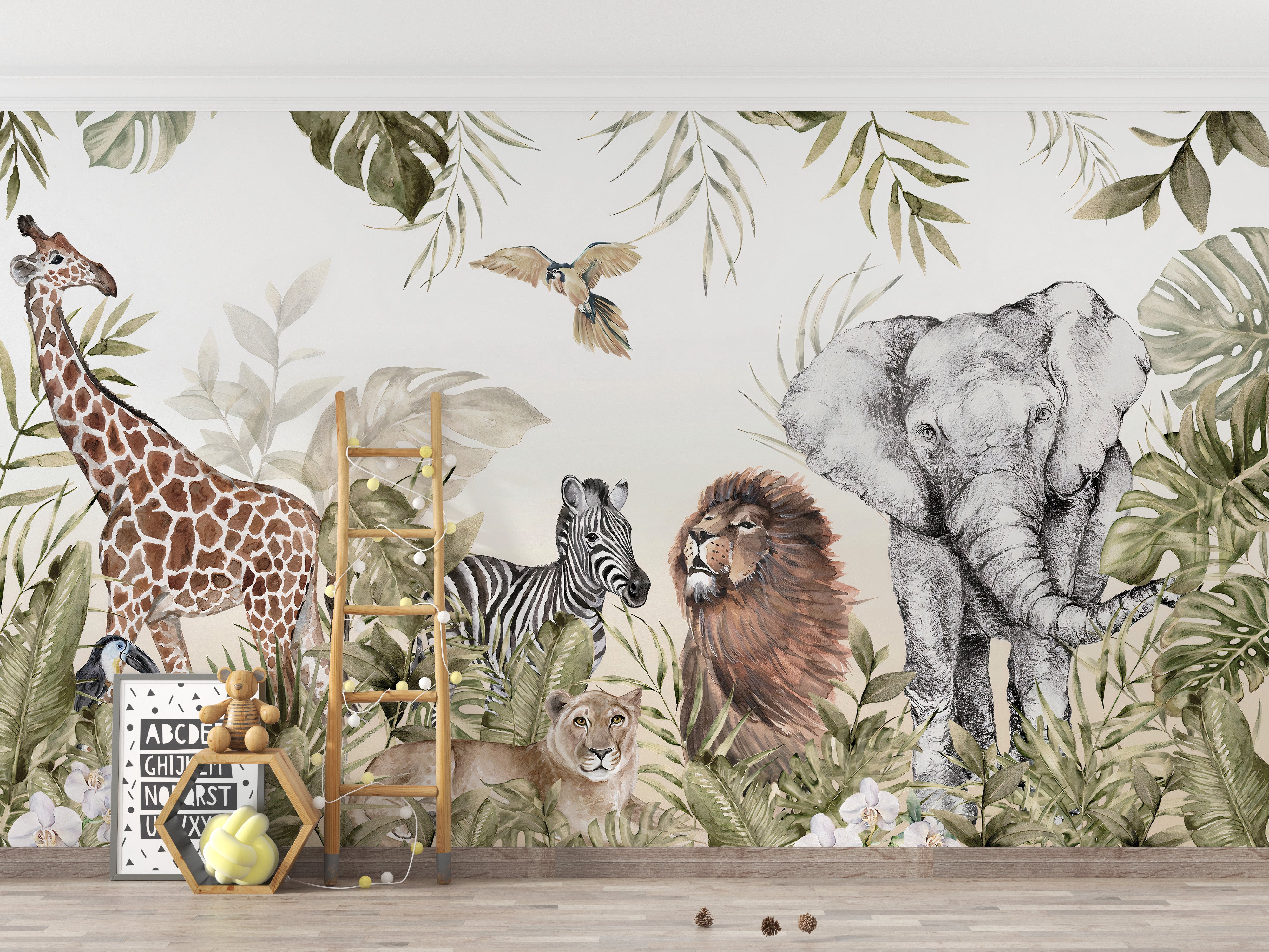 Jungle animals wallpaper for playful kids room
