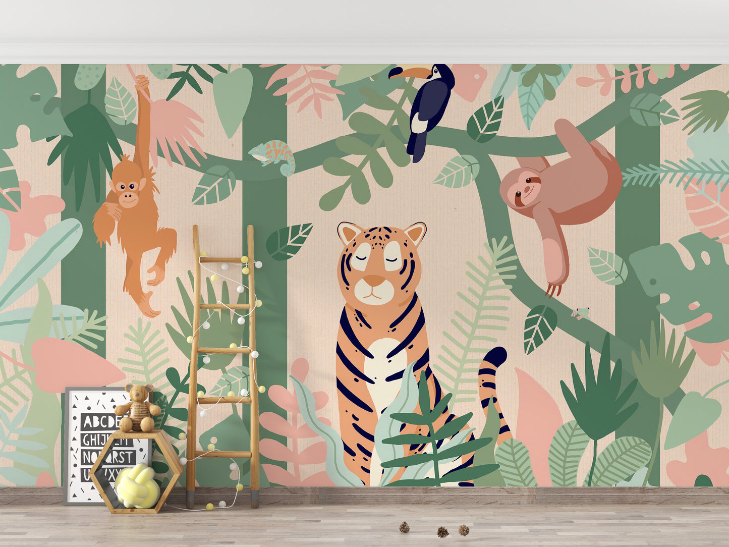 Forest-themed mural with dozy tiger design
