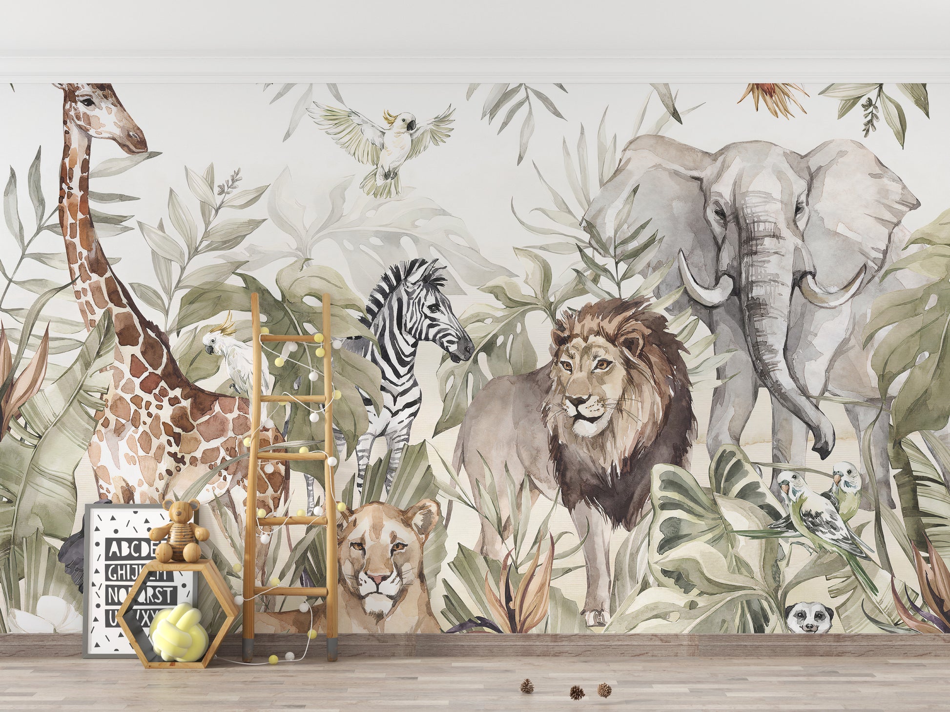 Watercolor wall mural with forest animals
