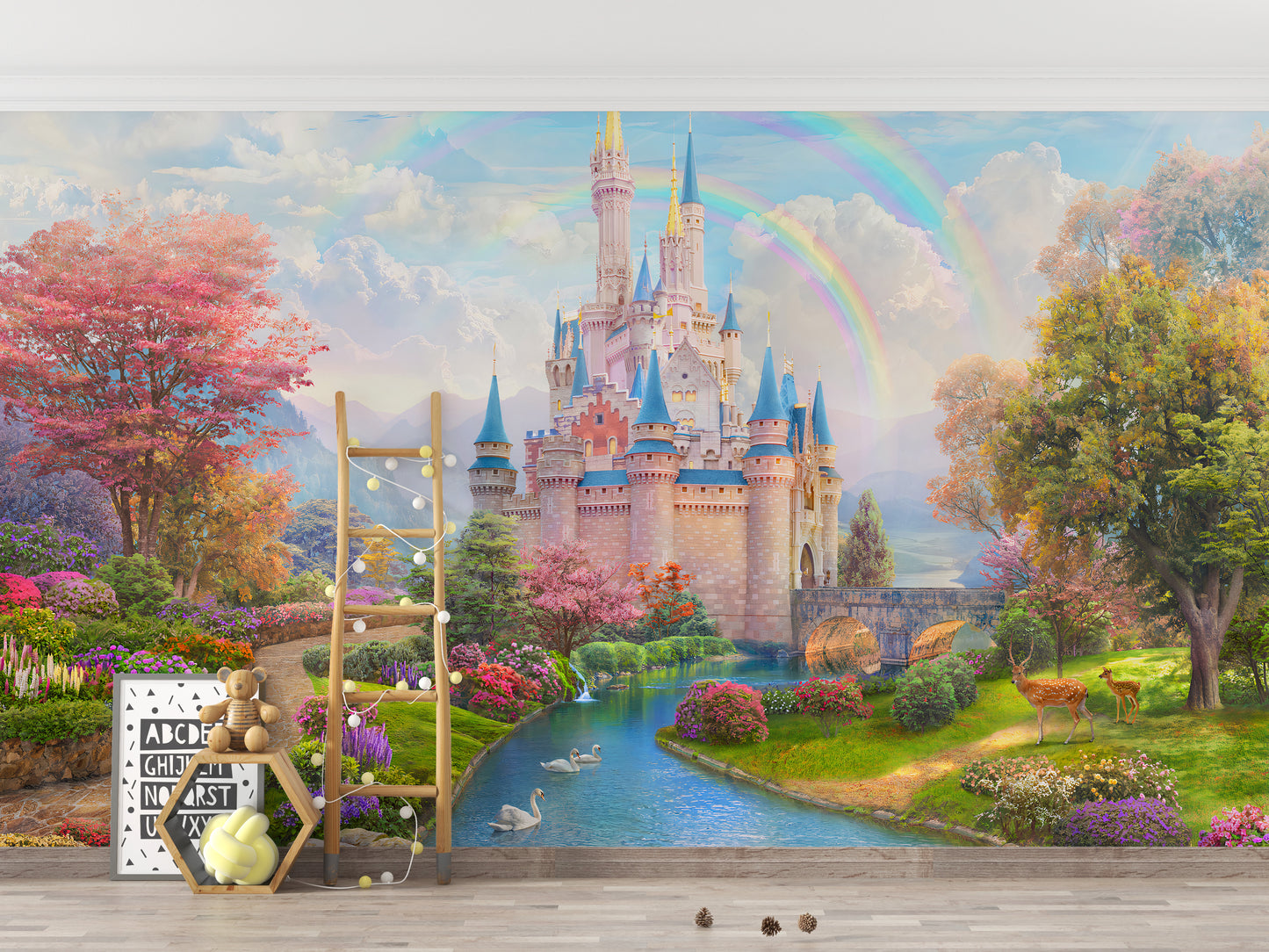 Magical pink princess castle wall wallpaper
