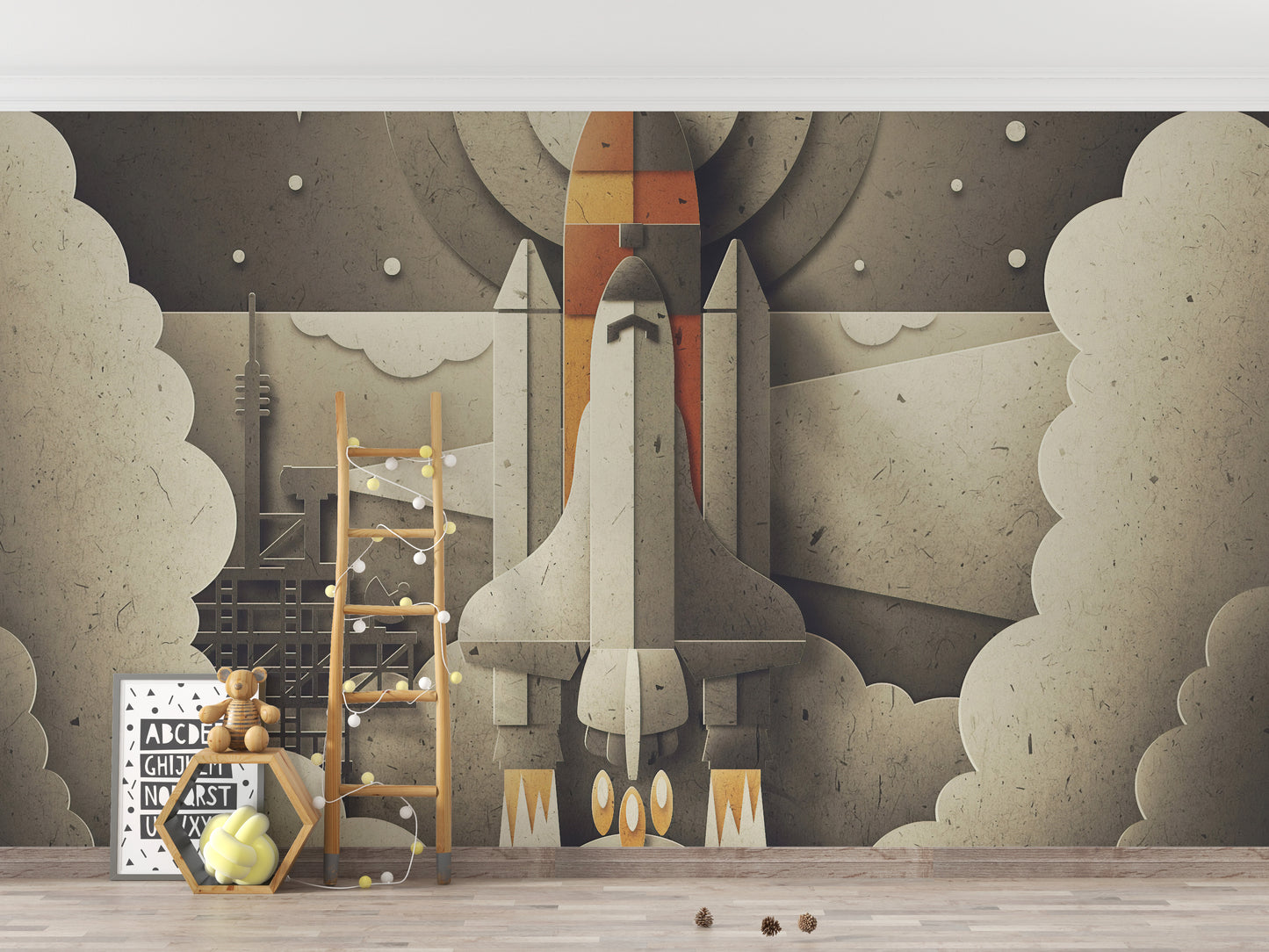 Vibrant space launcher mural for kids’ walls
